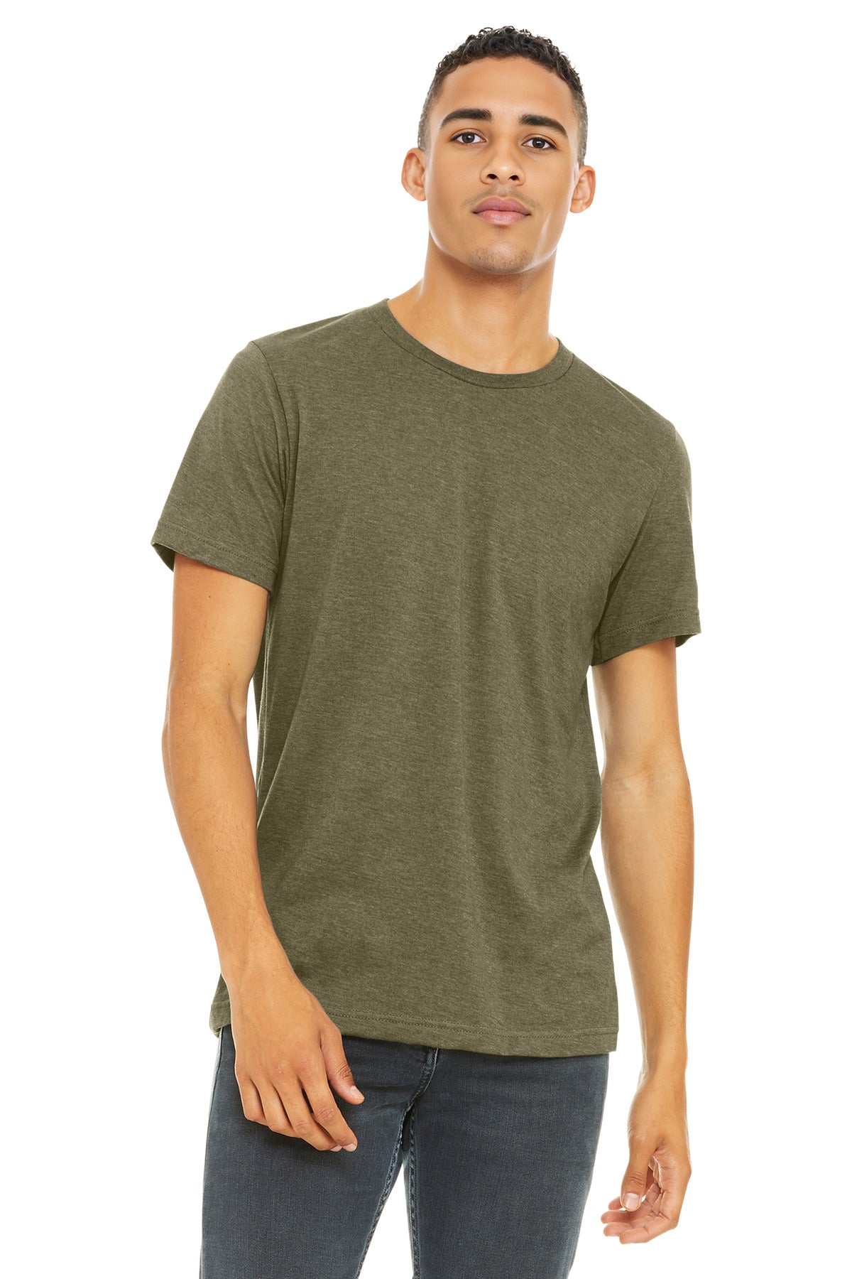 Front View of Ht Olive BELLA+CANVAS Unisex Heather CVC Short Sleeve Tee. BC3001CVC