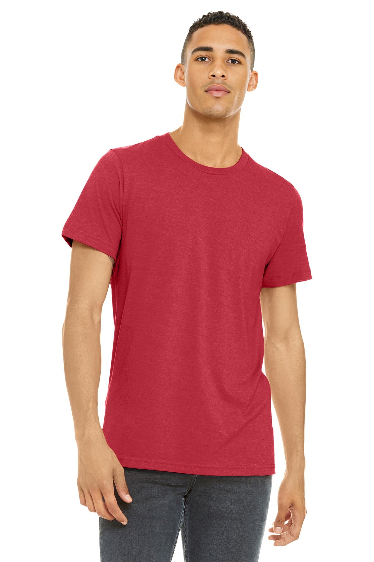 Front View of Ht Red BELLA+CANVAS Unisex Heather CVC Short Sleeve Tee. BC3001CVC