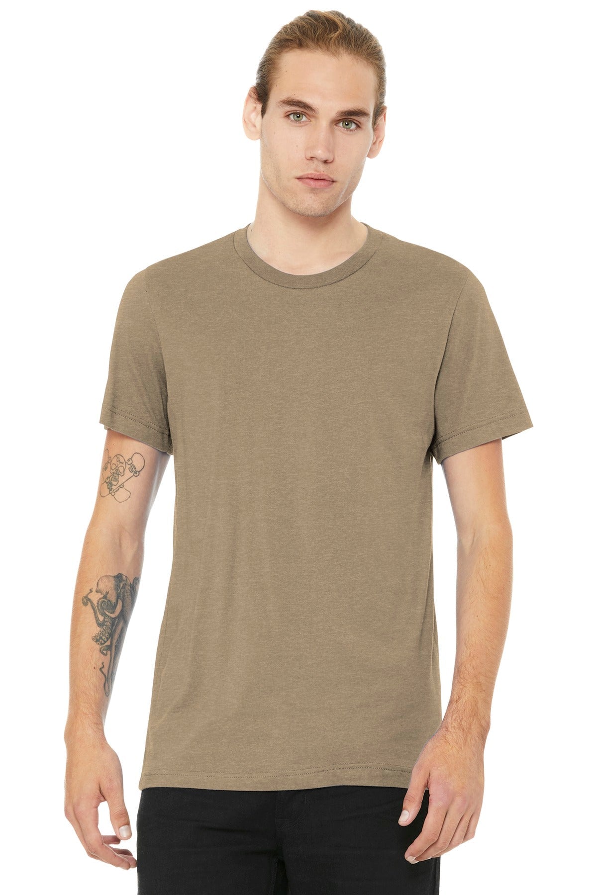 Front View of Ht Tan BELLA+CANVAS Unisex Heather CVC Short Sleeve Tee. BC3001CVC