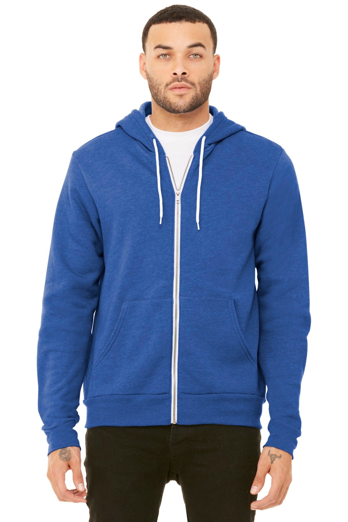 Front View of Ht True Royal BELLA+CANVAS Unisex Sponge Fleece Full-Zip Hoodie. BC3739
