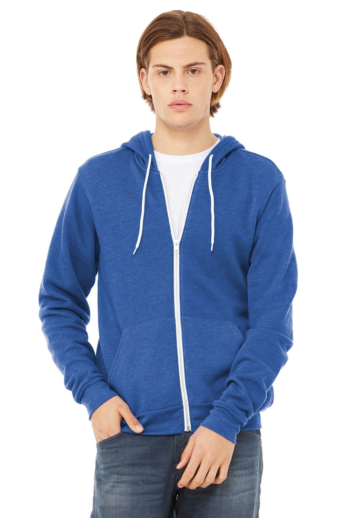 Front View of Ht True Royal BELLA+CANVAS Unisex Sponge Fleece Full-Zip Hoodie. BC3739