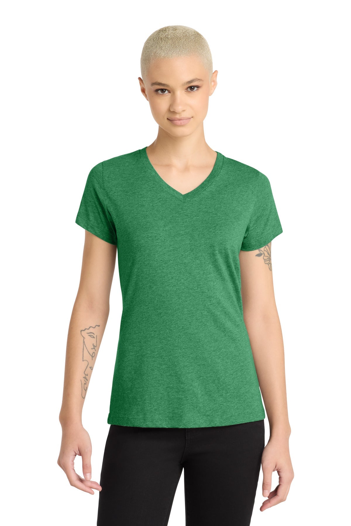 Front View of HtdKelGn District Women's Perfect Blend CVC V-Neck Tee. DM1190L
