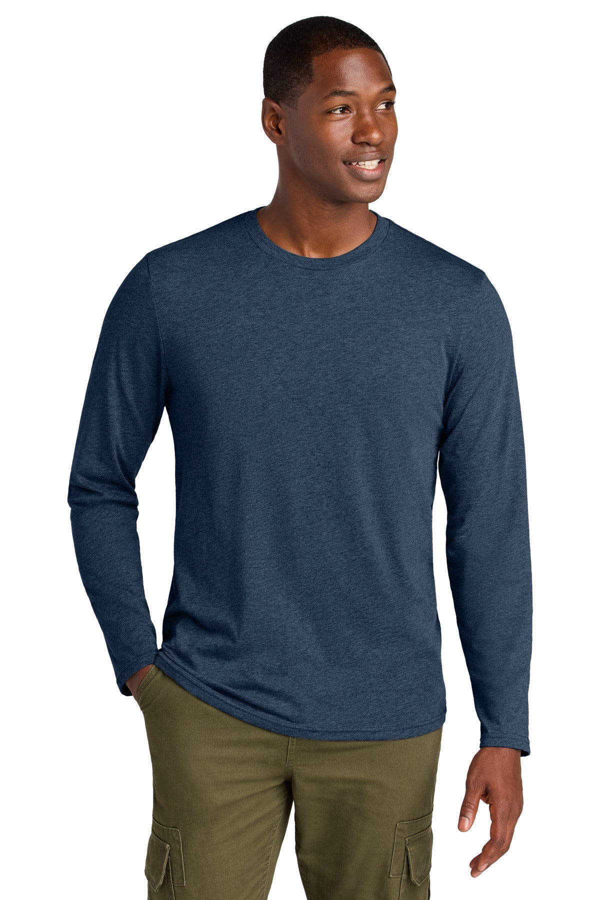 Front View of HtdNavy District Perfect Weight CVC Long Sleeve Tee DT185