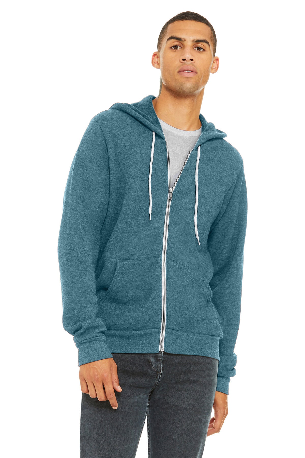 Front View of HtDpTeal BELLA+CANVAS Unisex Sponge Fleece Full-Zip Hoodie. BC3739