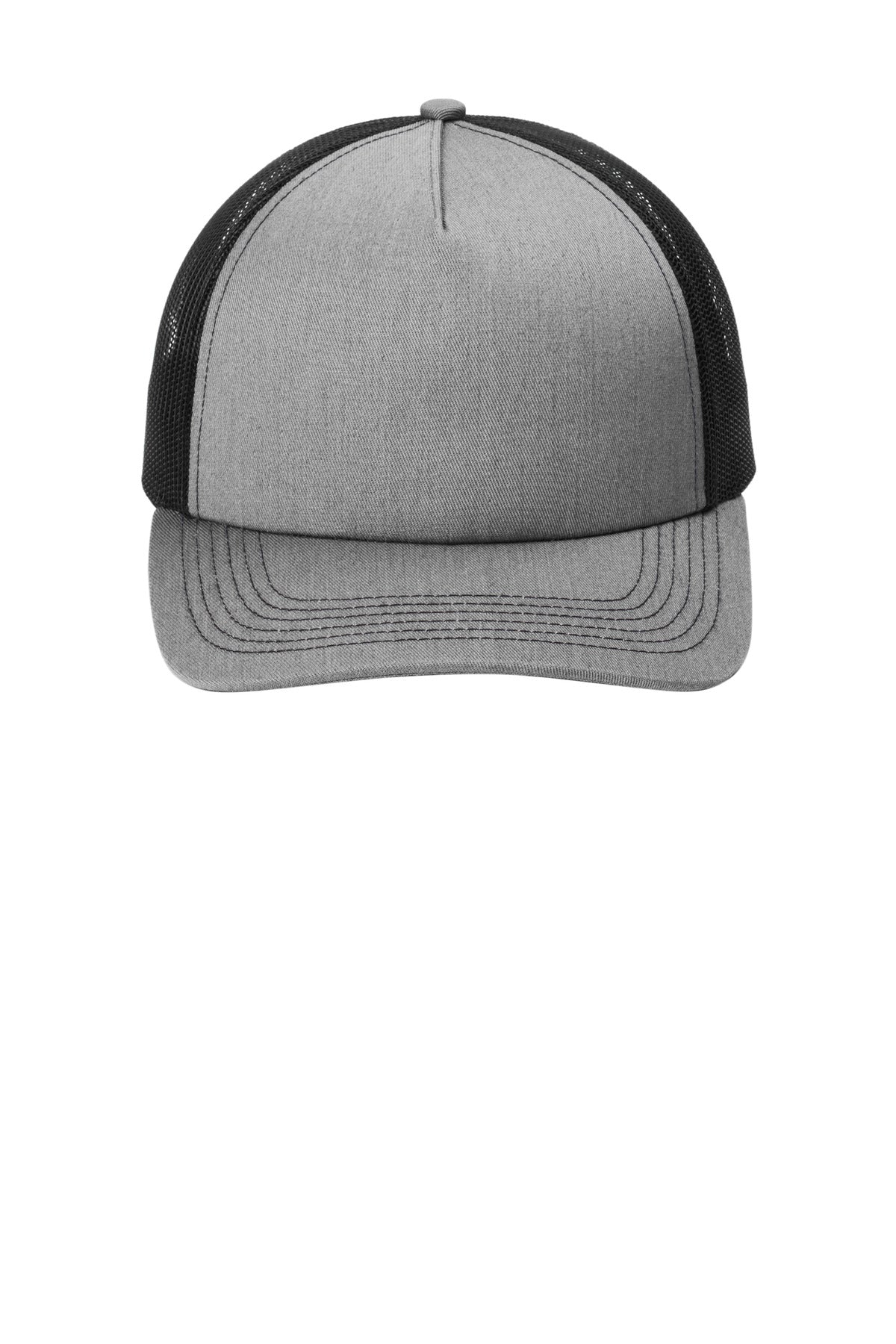 Front View of HtGrey/Blk Port Authority Low-Profile Snapback 5-Panel Trucker Cap C405LP