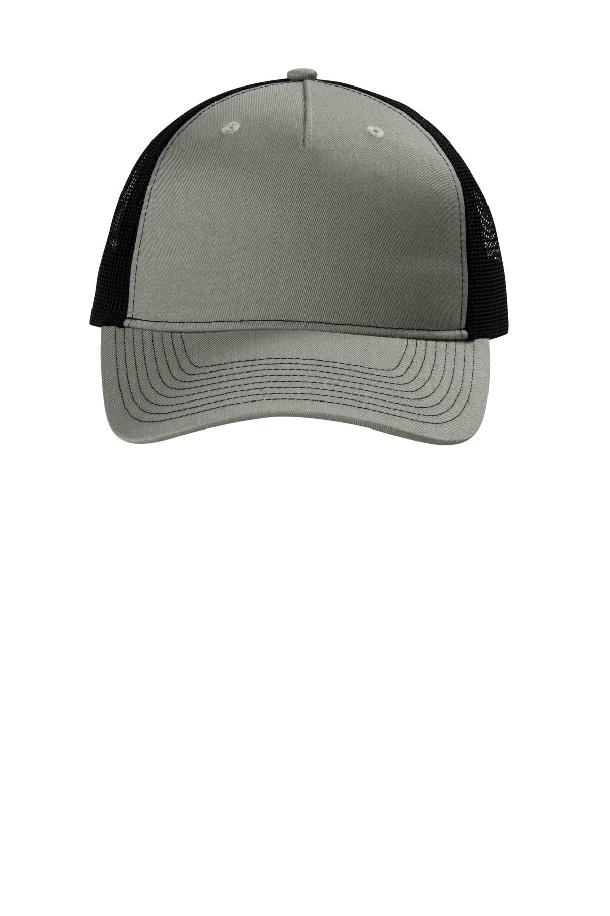 Front View of HtGrey/Blk Port Authority Snapback Five-Panel Trucker Cap C405