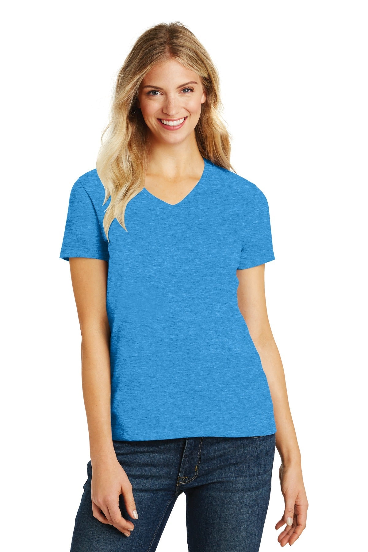 Front View of Hthr Brt Turqu District Women's Perfect Blend CVC V-Neck Tee. DM1190L