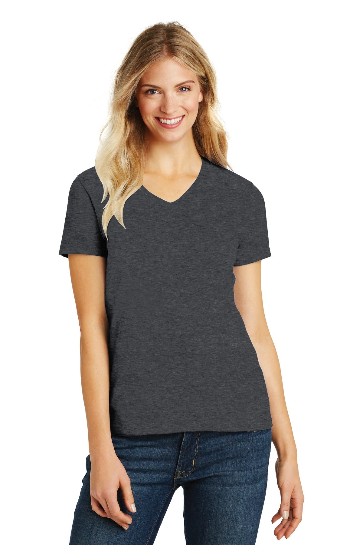 Front View of Hthr Charcoal District Women's Perfect Blend CVC V-Neck Tee. DM1190L