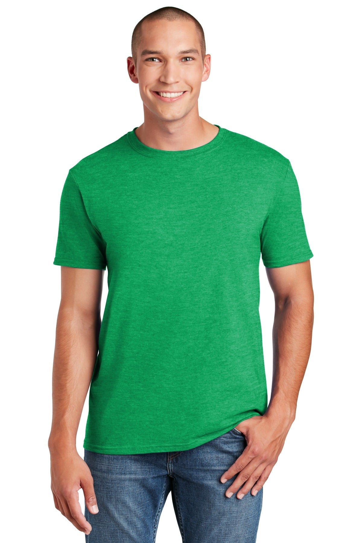 Front View of Hthr Irish Grn Gildan Softstyle T-Shirt. 64000