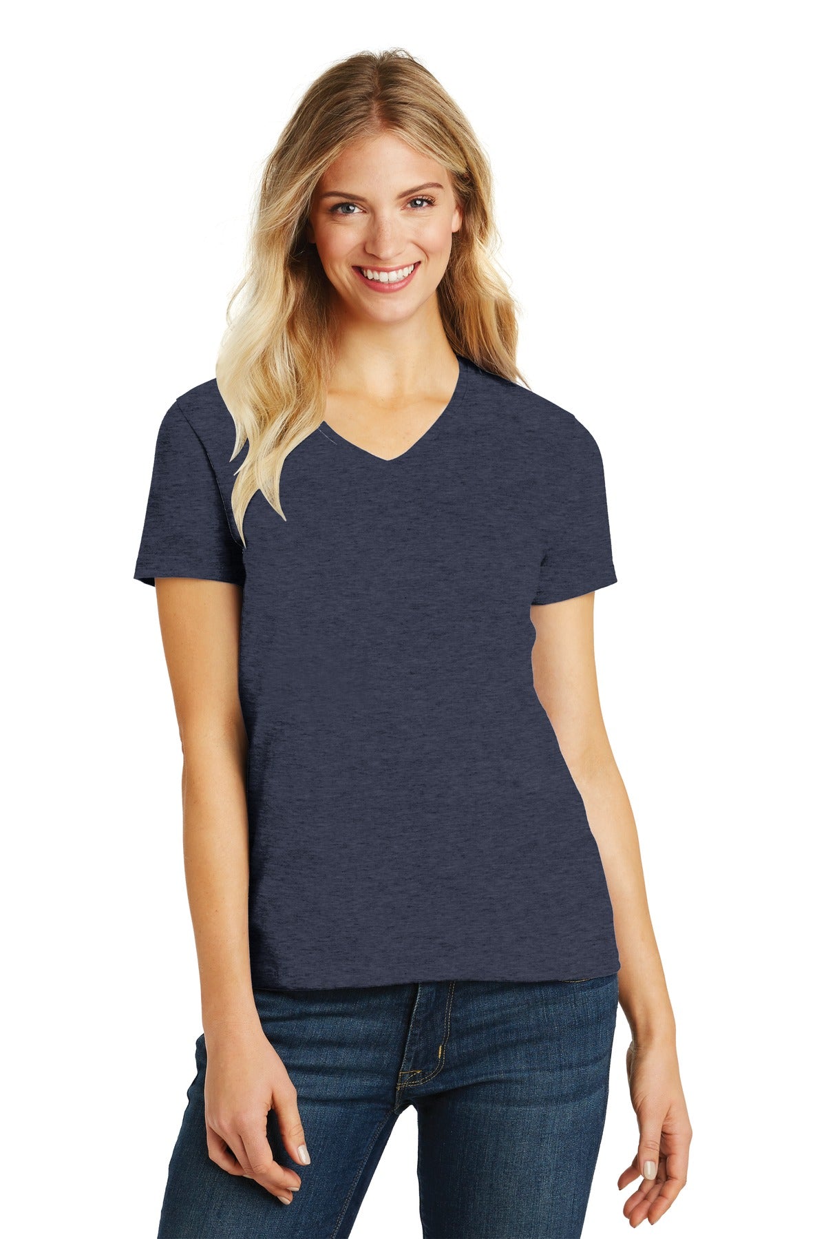 Front View of Hthr Navy District Women's Perfect Blend CVC V-Neck Tee. DM1190L