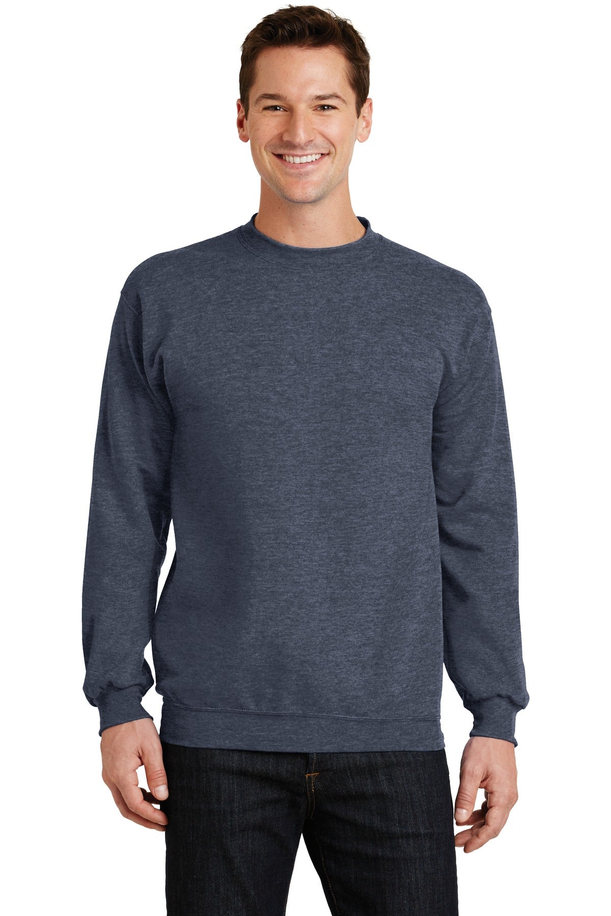 Front View of Hthr Navy Port & Co Core Fleece Crewneck Sweatshirt. PC78