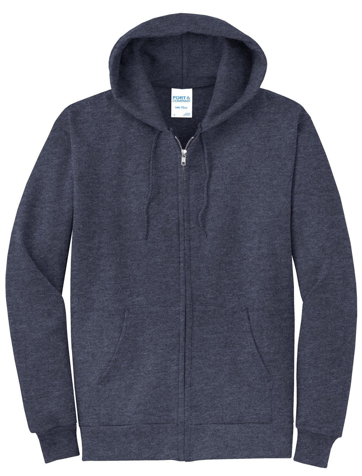 Front View of Hthr Navy Port & Co Core Fleece Full-Zip Hooded Sweatshirt. PC78ZH