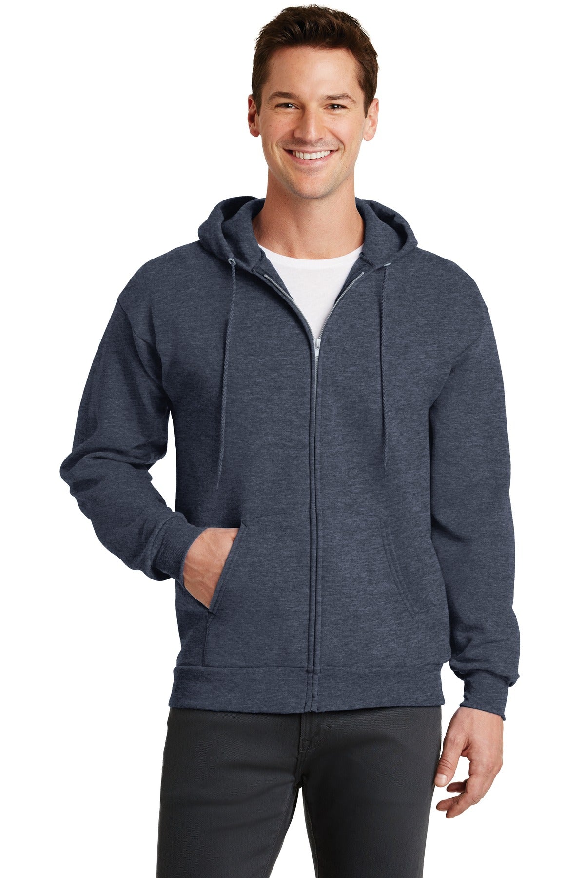 Front View of Hthr Navy Port & Co Core Fleece Full-Zip Hooded Sweatshirt. PC78ZH