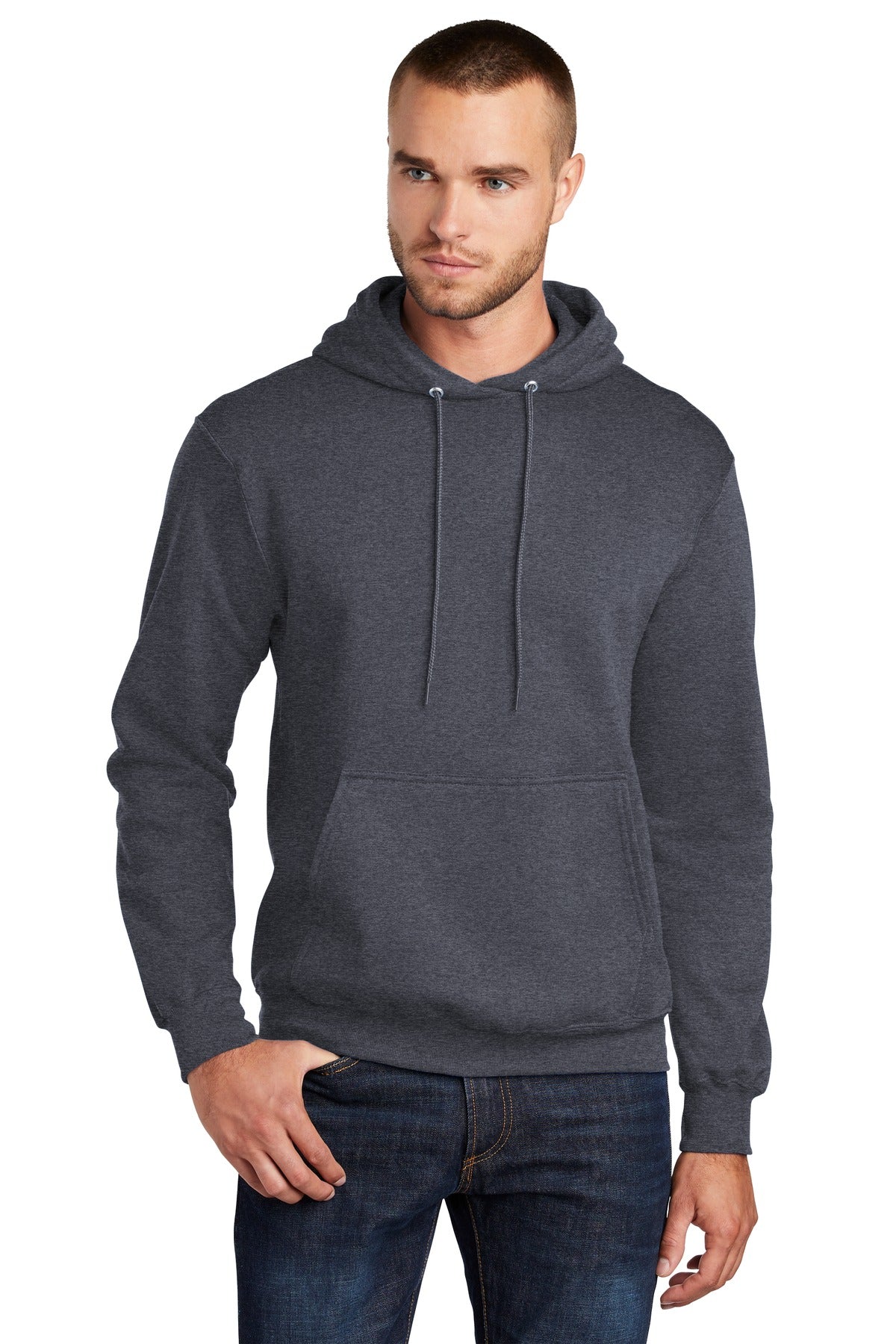 Front View of Hthr Navy Port & Co Core Fleece Pullover Hooded Sweatshirt. PC78H