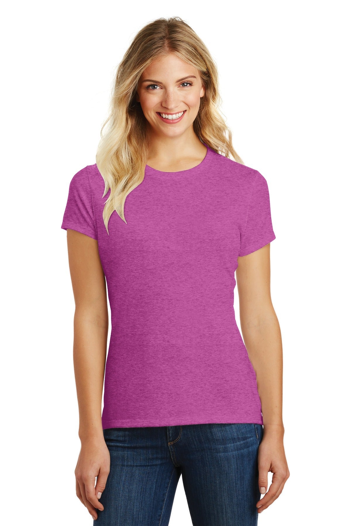 Front View of Hthr Pink Rasp District Women's Perfect Blend CVC Tee. DM108L