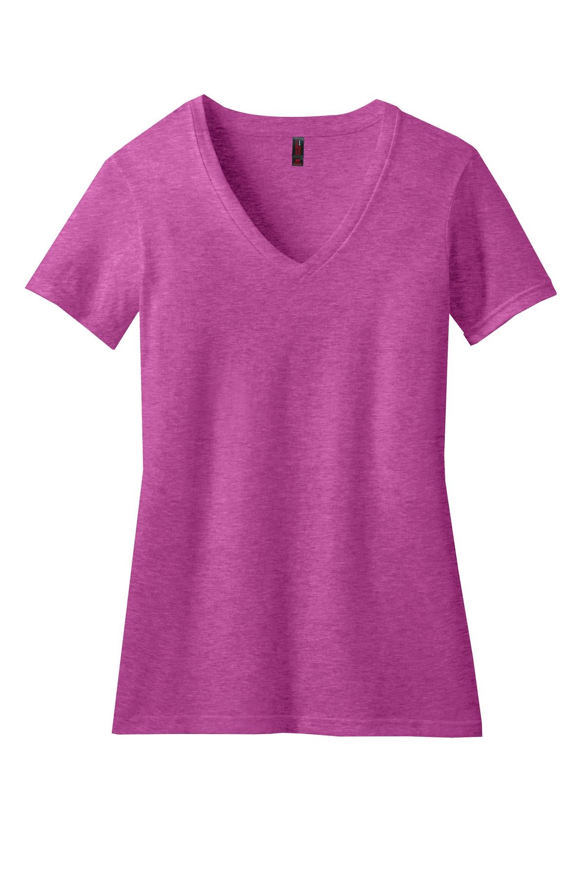 Front View of Hthr Pink Rasp District Women's Perfect Blend CVC V-Neck Tee. DM1190L