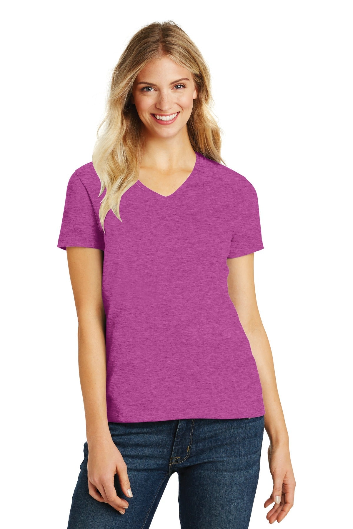 Front View of Hthr Pink Rasp District Women's Perfect Blend CVC V-Neck Tee. DM1190L