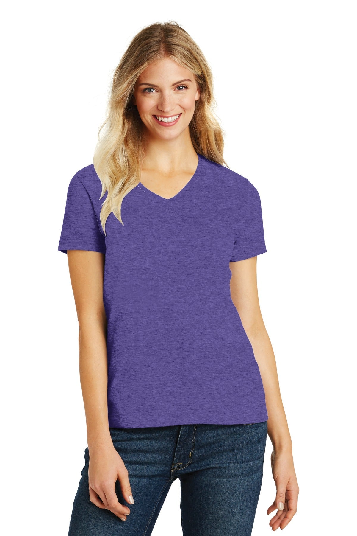 Front View of Hthr Purple District Women's Perfect Blend CVC V-Neck Tee. DM1190L