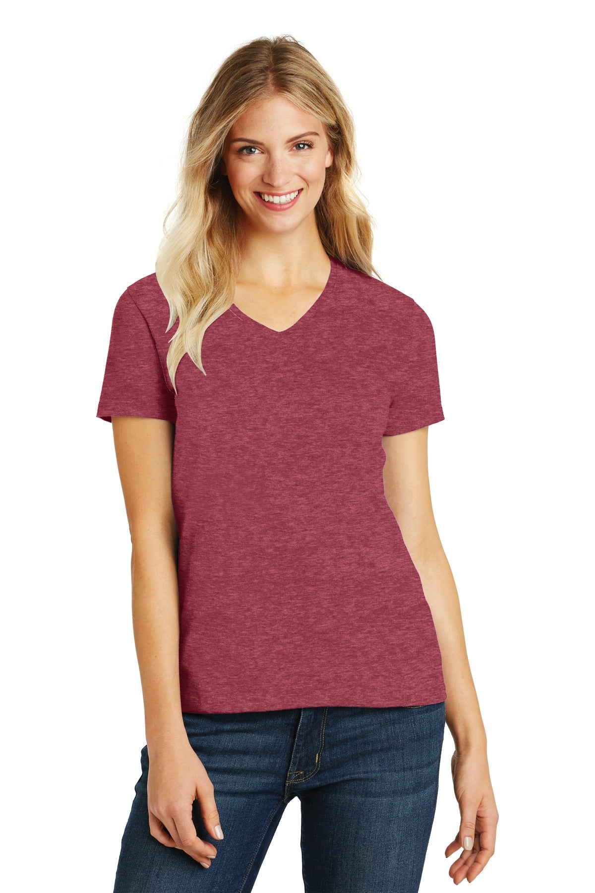 Front View of Hthr Red District Women's Perfect Blend CVC V-Neck Tee. DM1190L
