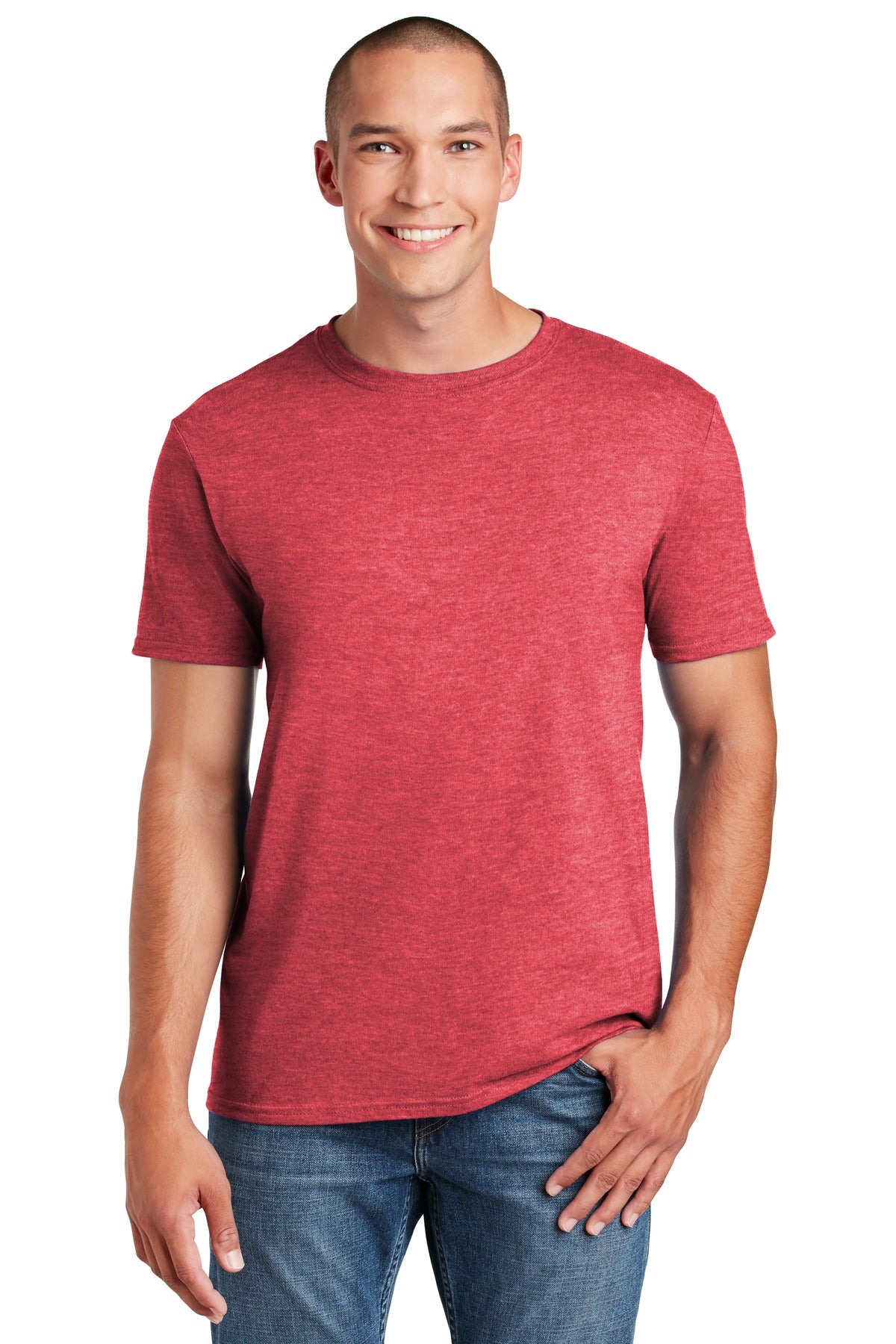 Front View of Hthr Red Gildan Softstyle T-Shirt. 64000
