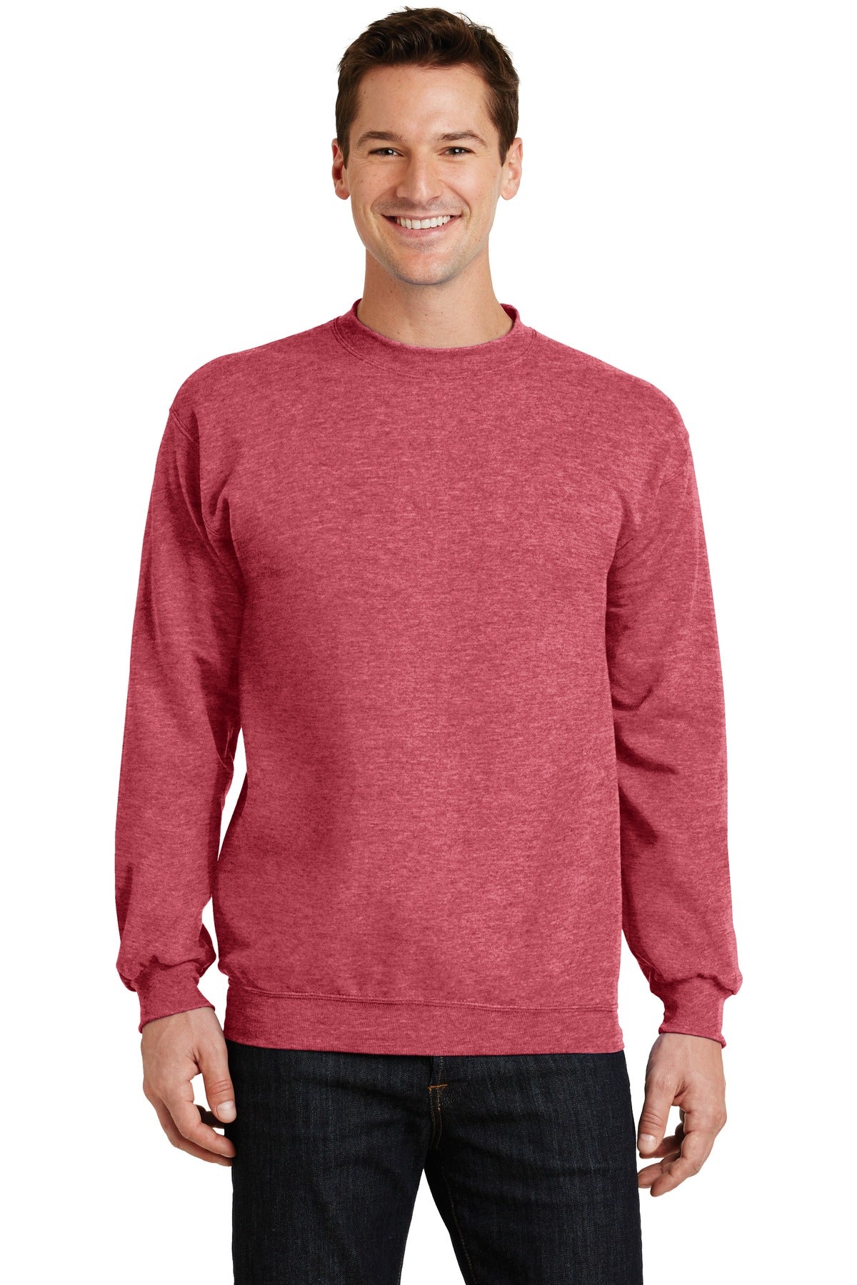 Front View of Hthr Red Port & Co Core Fleece Crewneck Sweatshirt. PC78