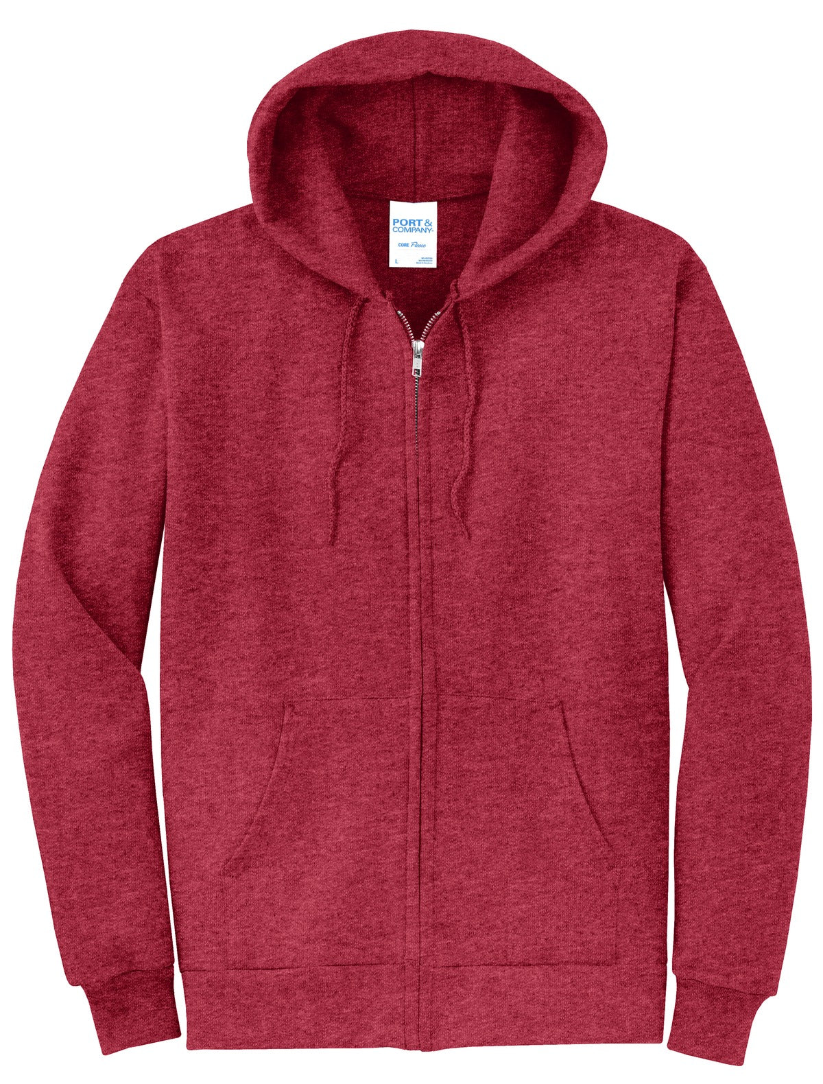 Front View of Hthr Red Port & Co Core Fleece Full-Zip Hooded Sweatshirt. PC78ZH