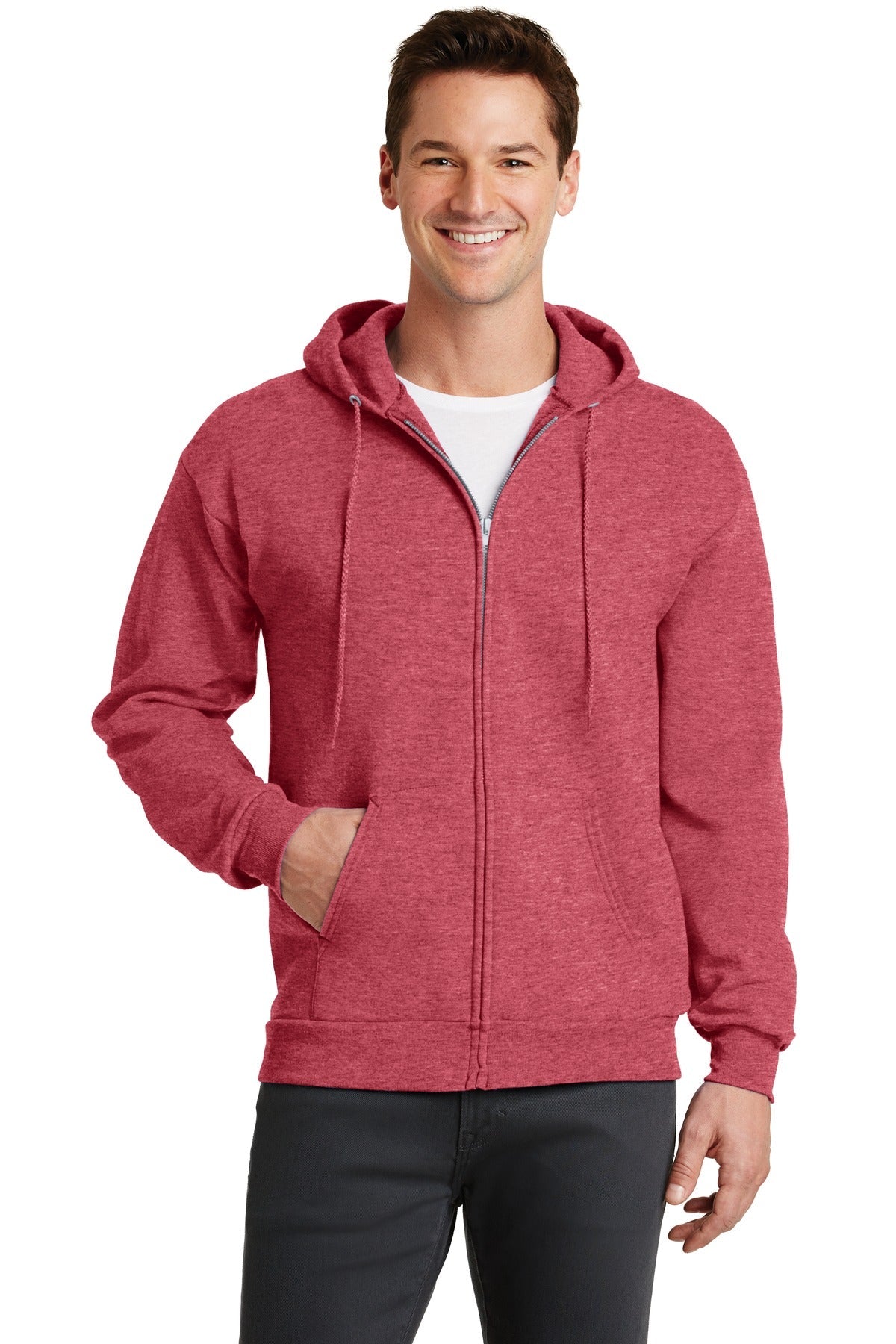Front View of Hthr Red Port & Co Core Fleece Full-Zip Hooded Sweatshirt. PC78ZH