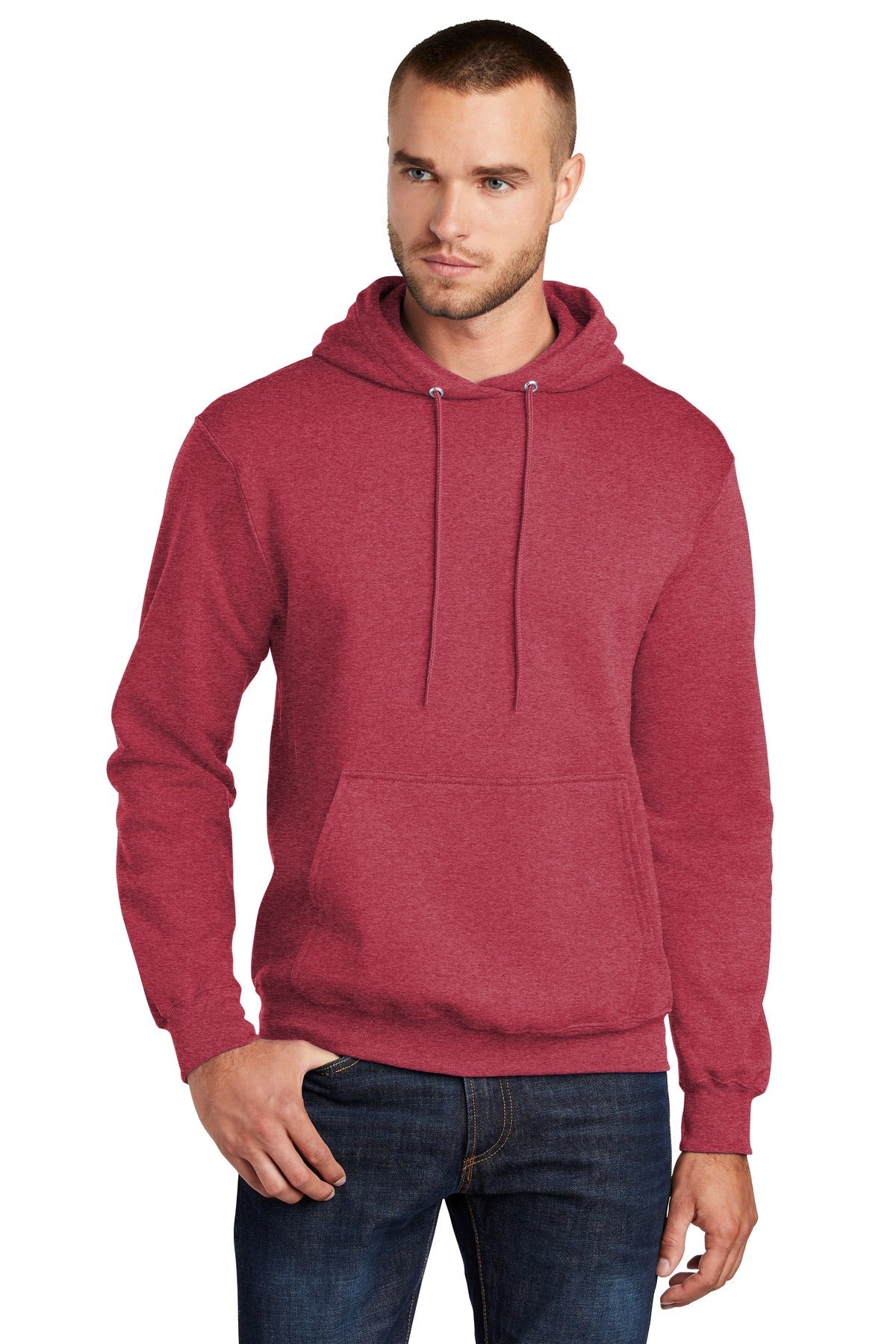 Front View of Hthr Red Port & Co Core Fleece Pullover Hooded Sweatshirt. PC78H