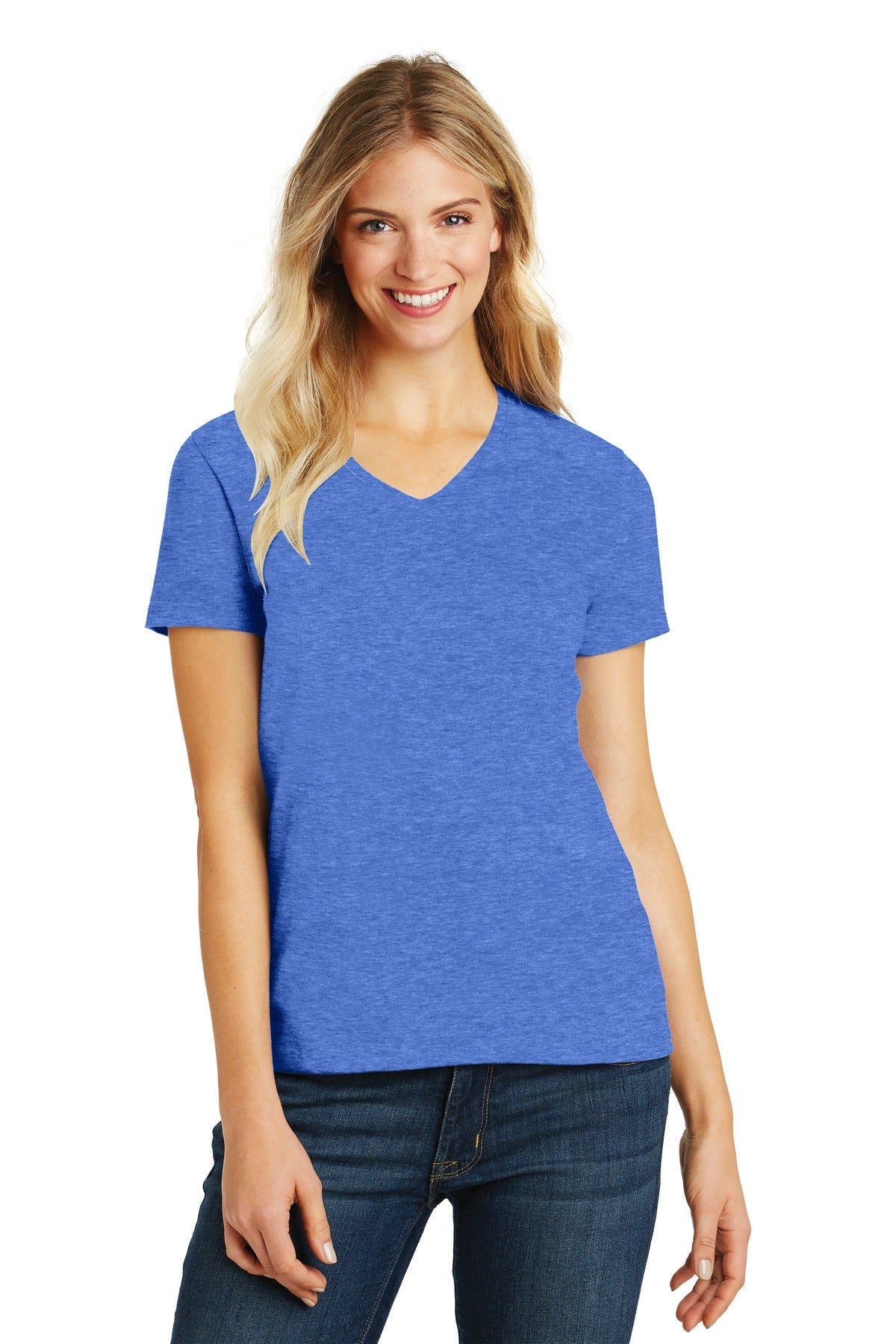 Front View of Hthr Royal District Women's Perfect Blend CVC V-Neck Tee. DM1190L