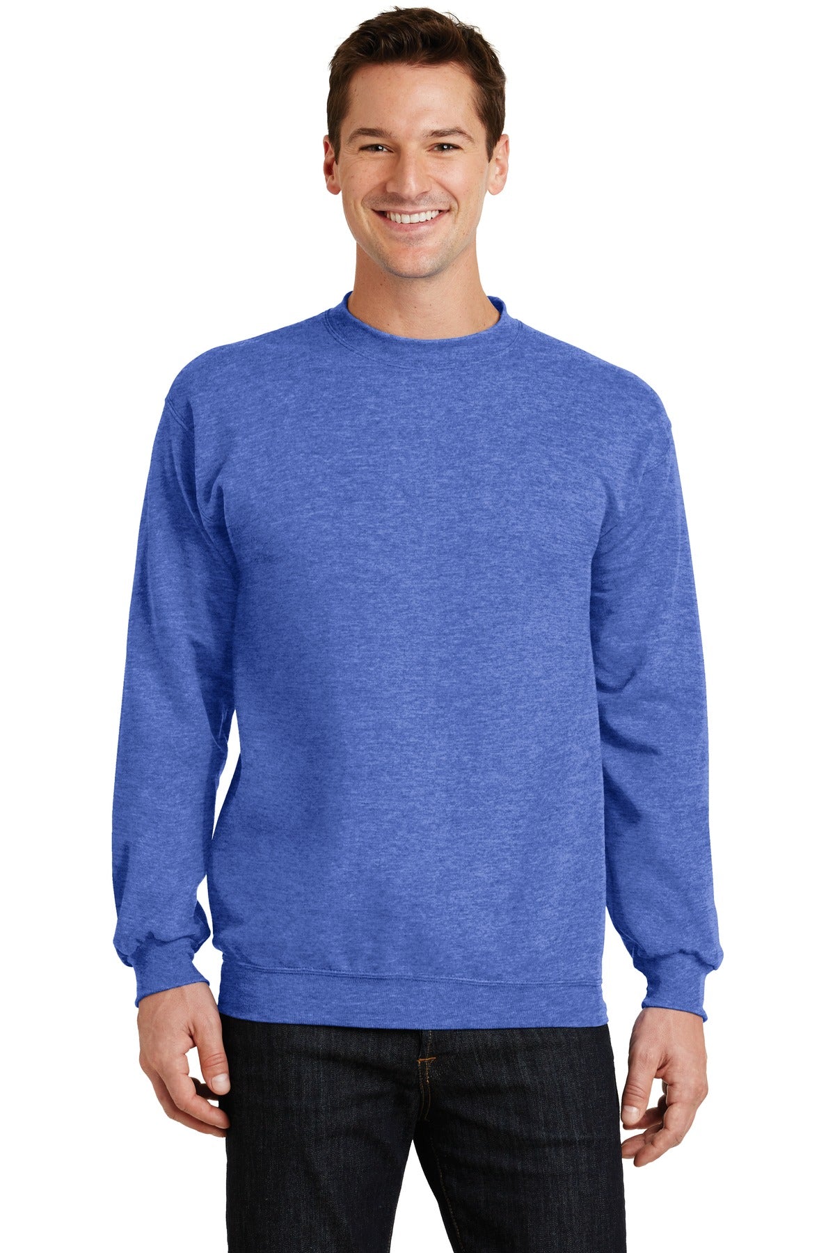 Front View of Hthr Royal Port & Co Core Fleece Crewneck Sweatshirt. PC78