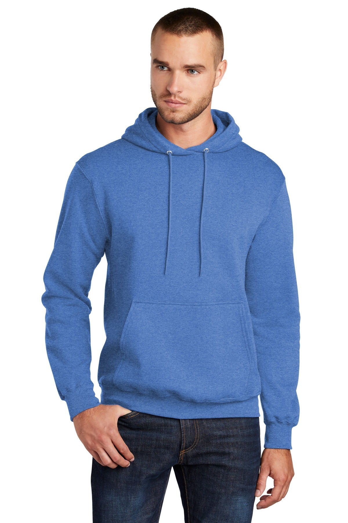 Front View of Hthr Royal Port & Co Core Fleece Pullover Hooded Sweatshirt. PC78H