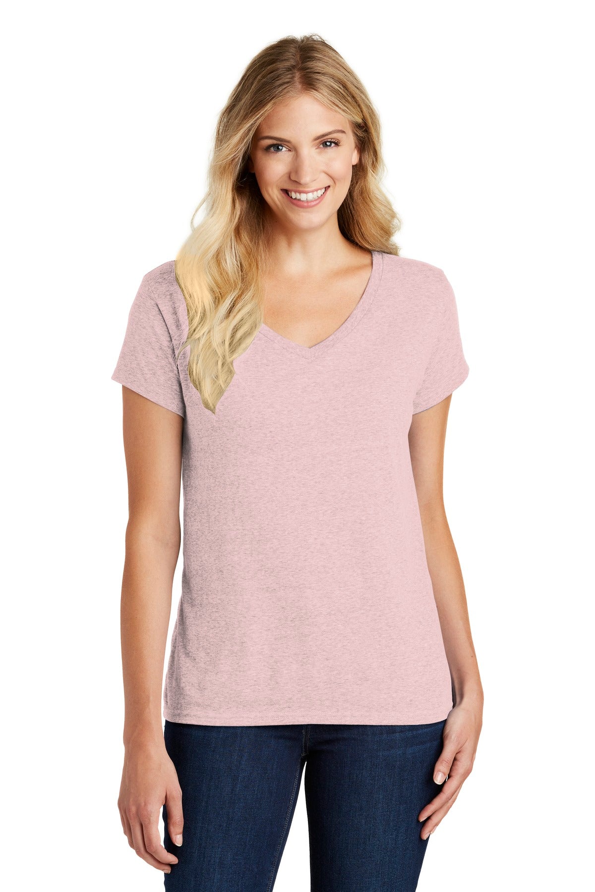 Front View of Hthrd Lavender District Women's Perfect Blend CVC V-Neck Tee. DM1190L