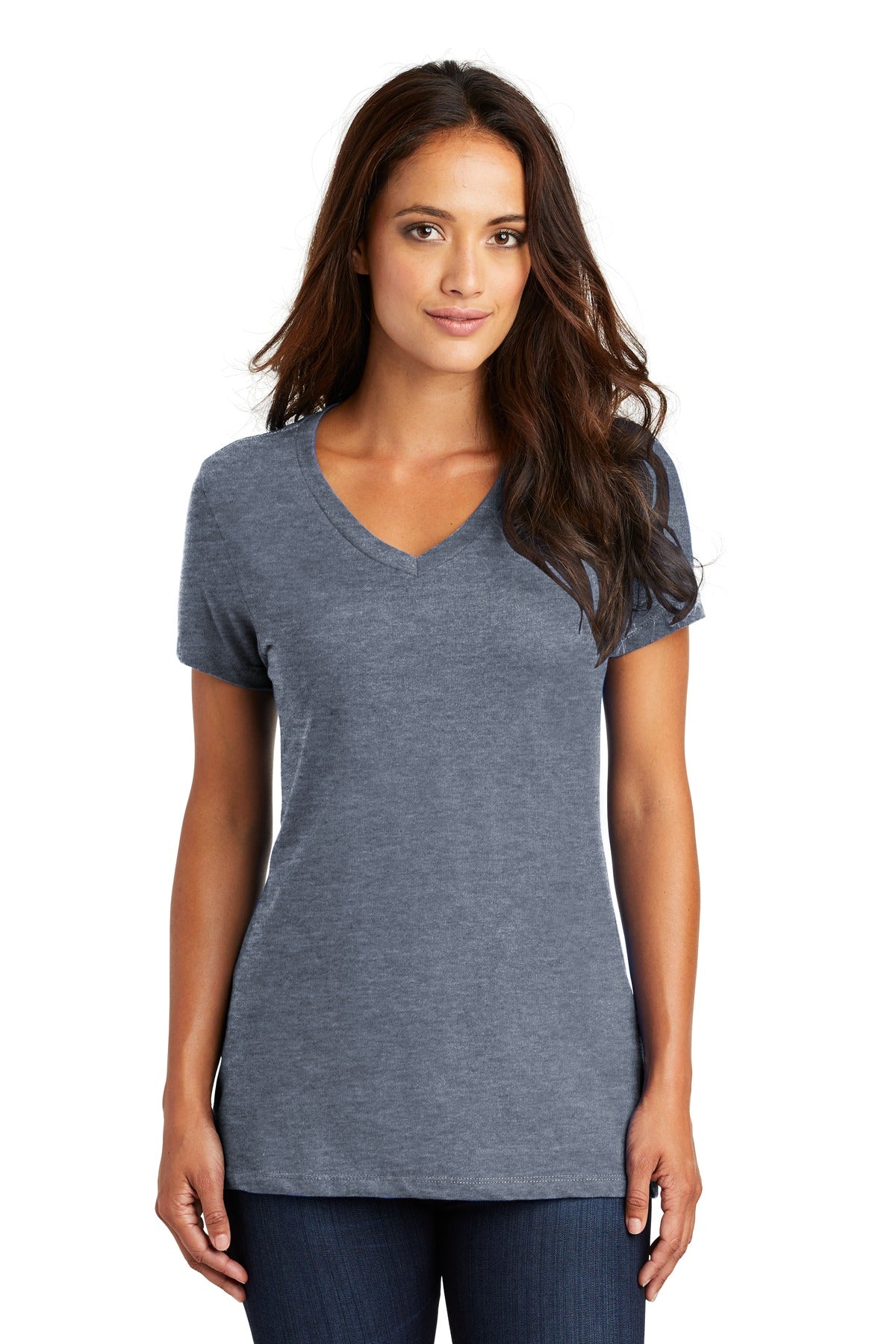 Front View of Hthrd Navy District - Women's Perfect Weight V-Neck Tee. DM1170L