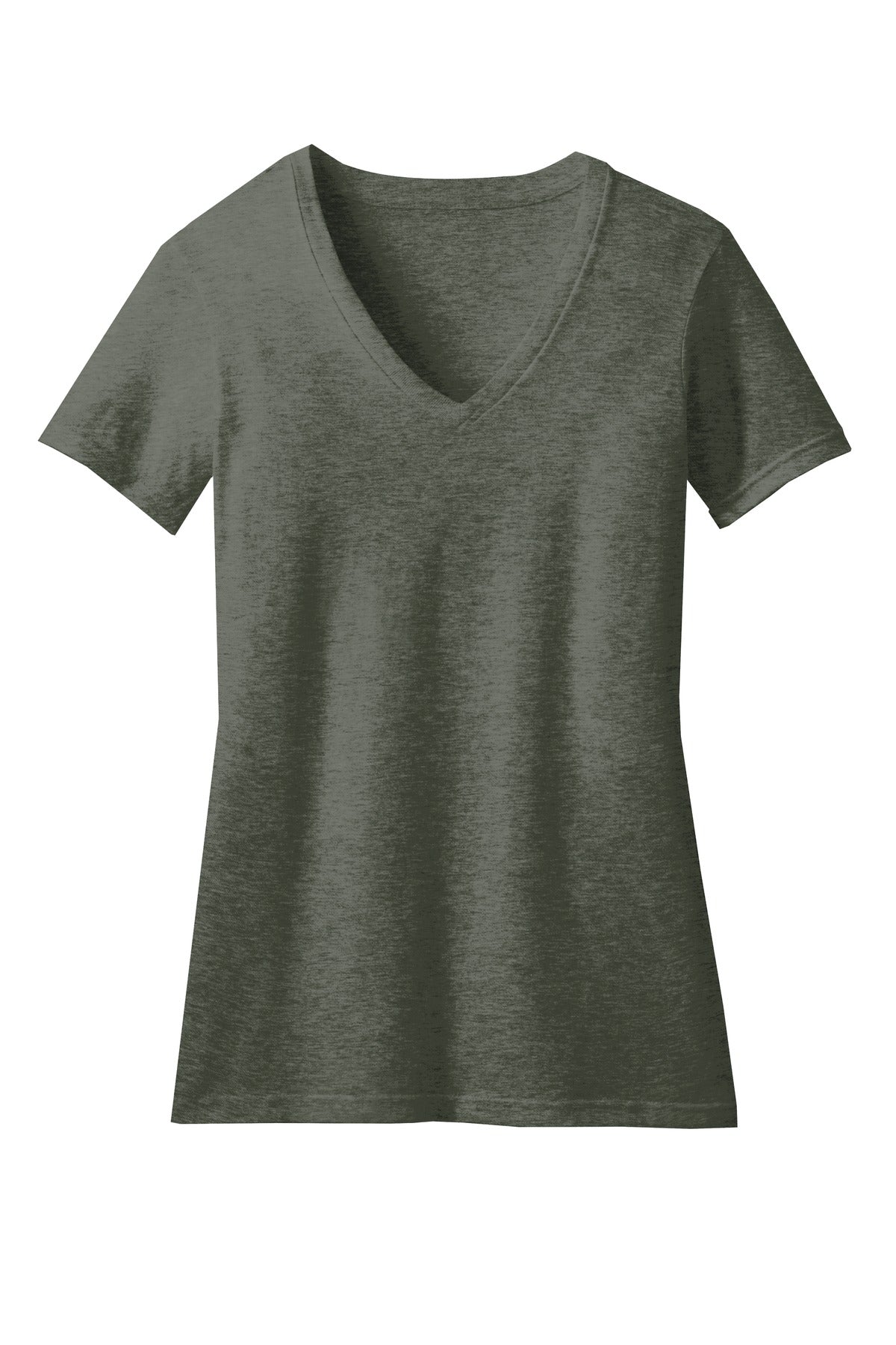 Front View of Hthrd Olive District Women's Perfect Blend CVC V-Neck Tee. DM1190L