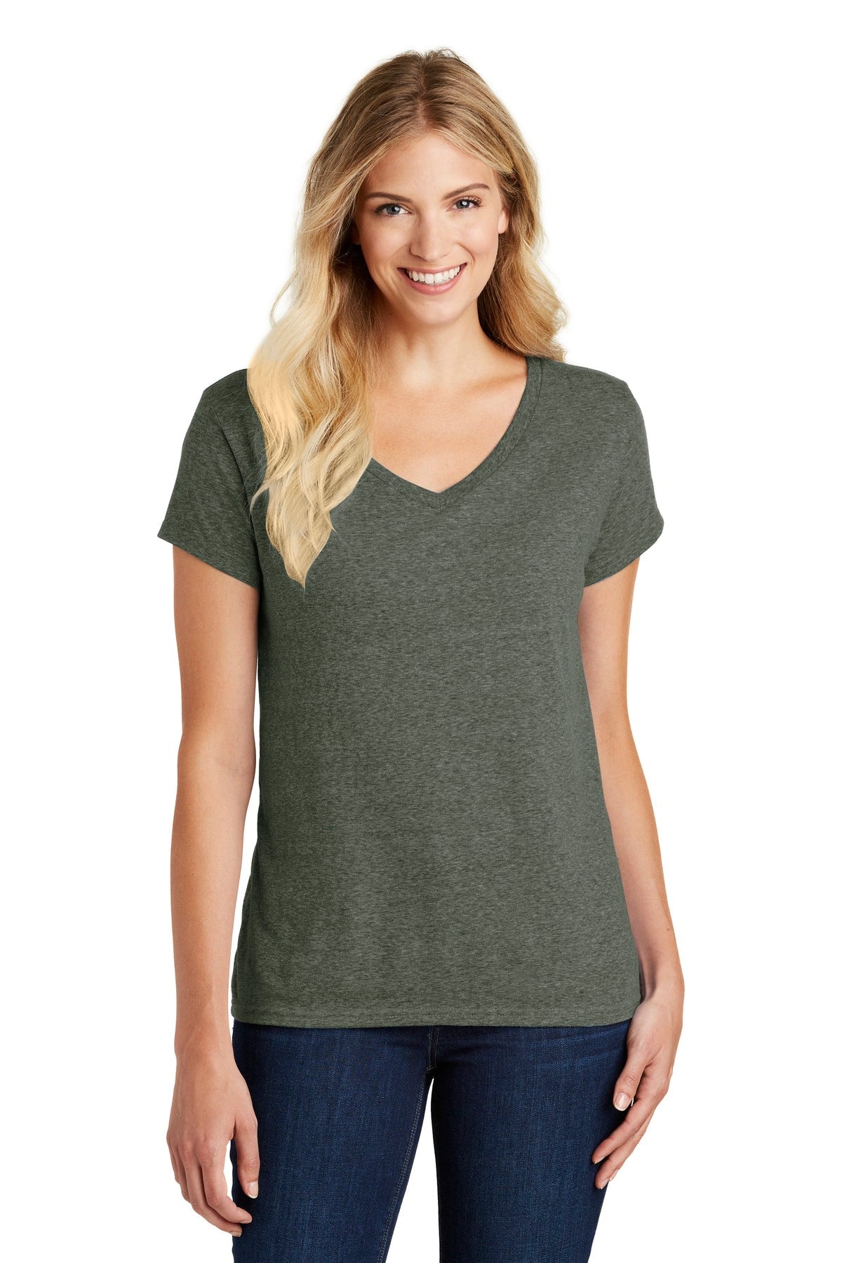 Front View of Hthrd Olive District Women's Perfect Blend CVC V-Neck Tee. DM1190L