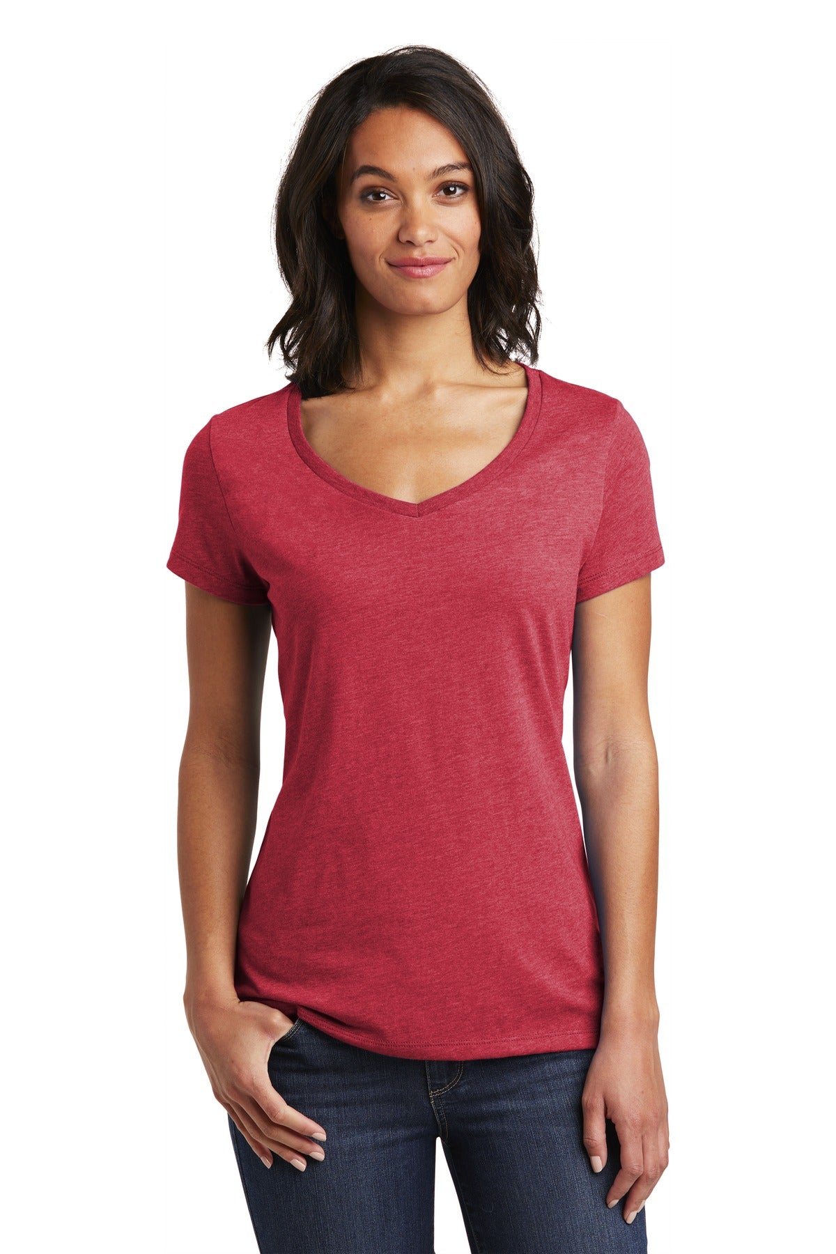 Front View of Hthrd Red District Women's Very Important Tee V-Neck. DT6503