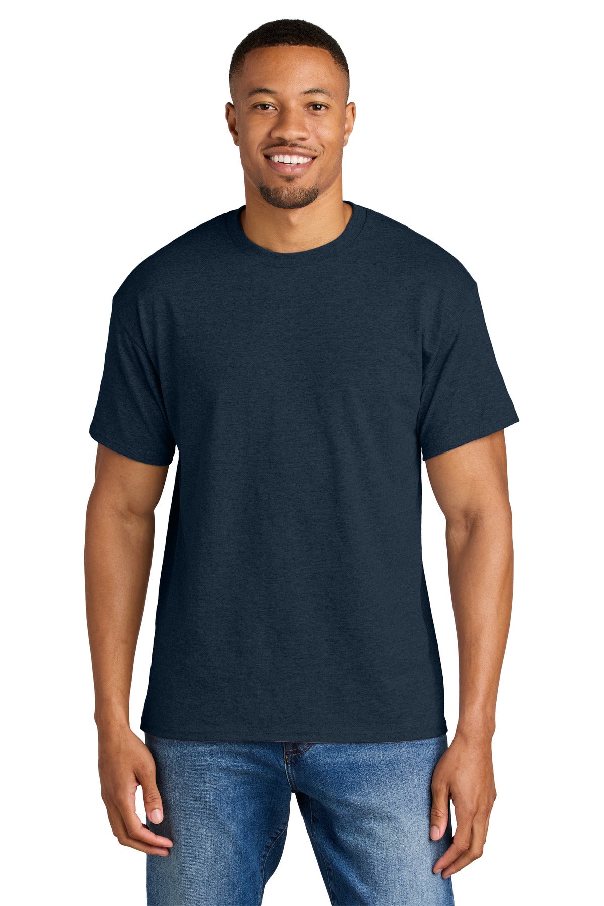 Front View of HthrDkNavy Gildan DryBlend 50 Cotton/50 Poly T-Shirt. 8000