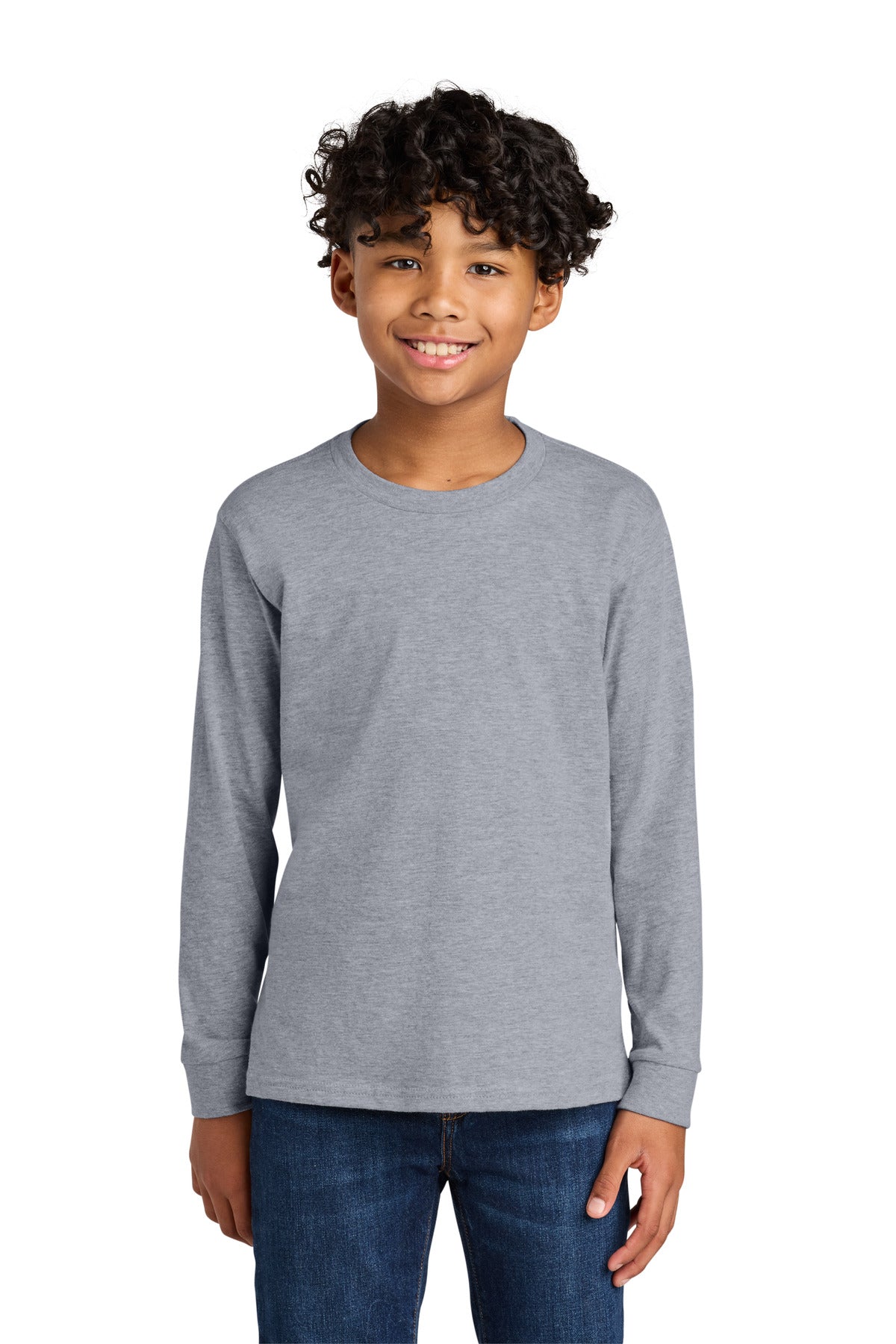 Front View of HthrGray Next Level Apparel Youth Cotton Long Sleeve Tee NL3311