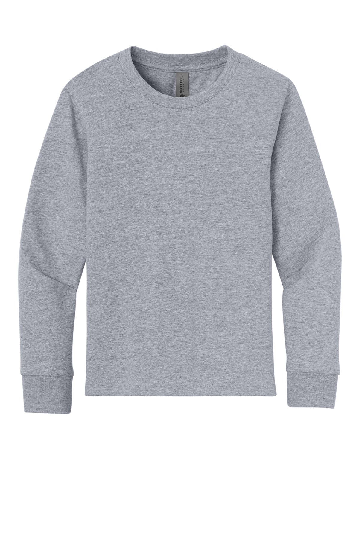 Front View of HthrGray Next Level Apparel Youth Cotton Long Sleeve Tee NL3311