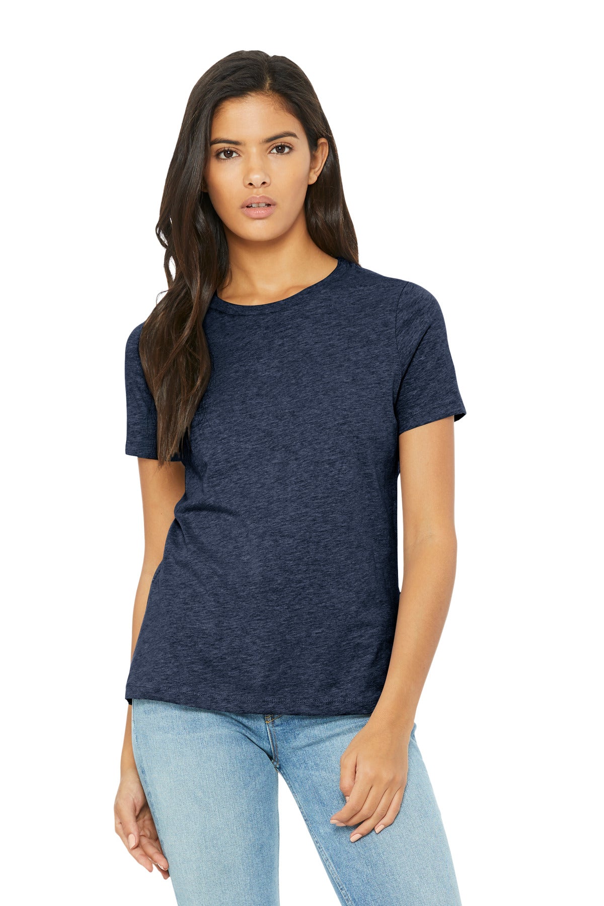 Front View of HthrNavy BELLA+CANVAS Women's Relaxed CVC Tee BC6400CVC