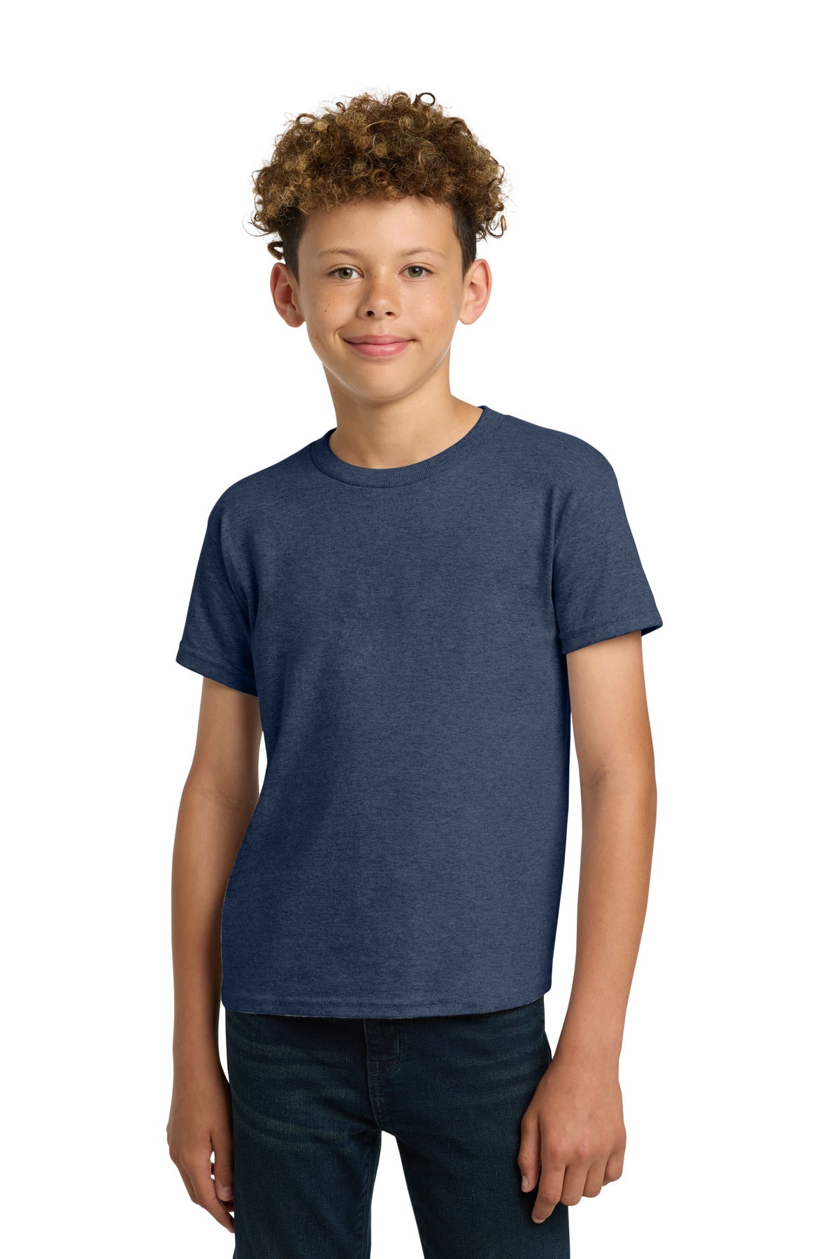 Front View of HthrNavy Gildan - Youth Heavy Cotton 100% Cotton T-Shirt. 5000B