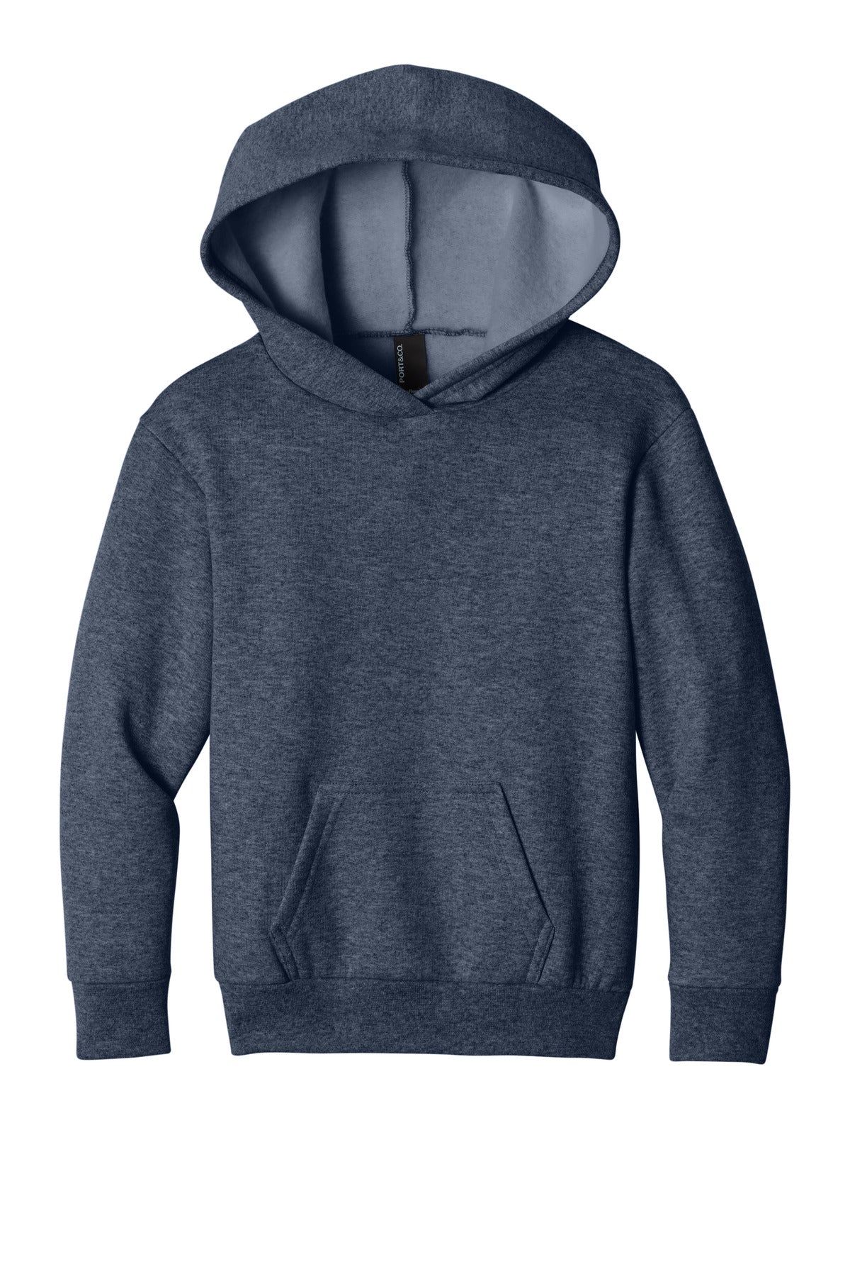 Front View of HthrNavy Port & Co Youth Easy Fleece Pullover Hooded Sweatshirt PC68YH