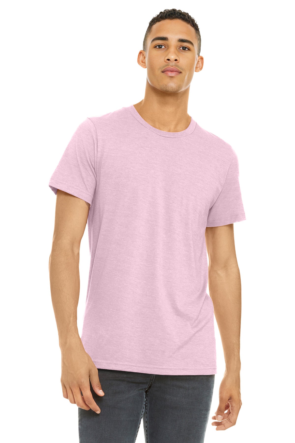 Front View of HthrPink BELLA+CANVAS Unisex Heather CVC Short Sleeve Tee. BC3001CVC