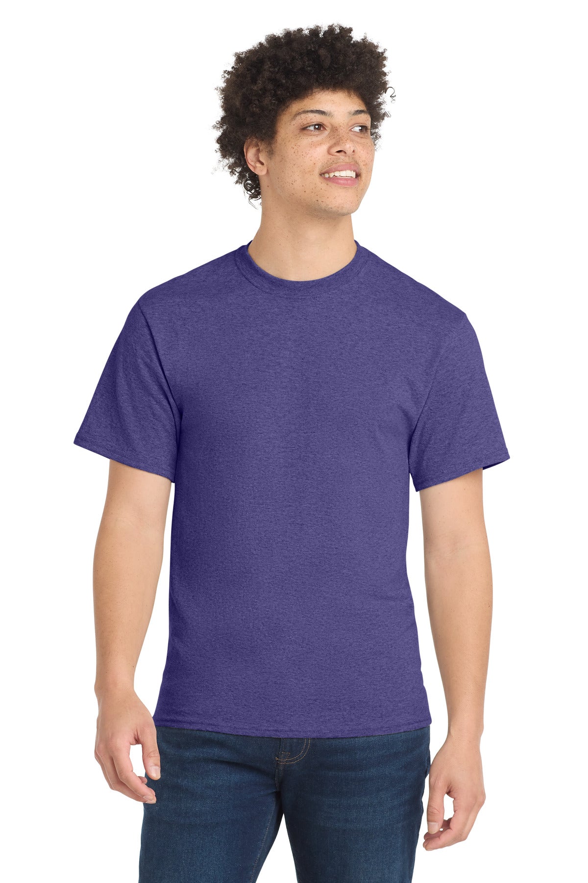 Front View of HthrPurple Port & Co Core Blend Tee. PC55