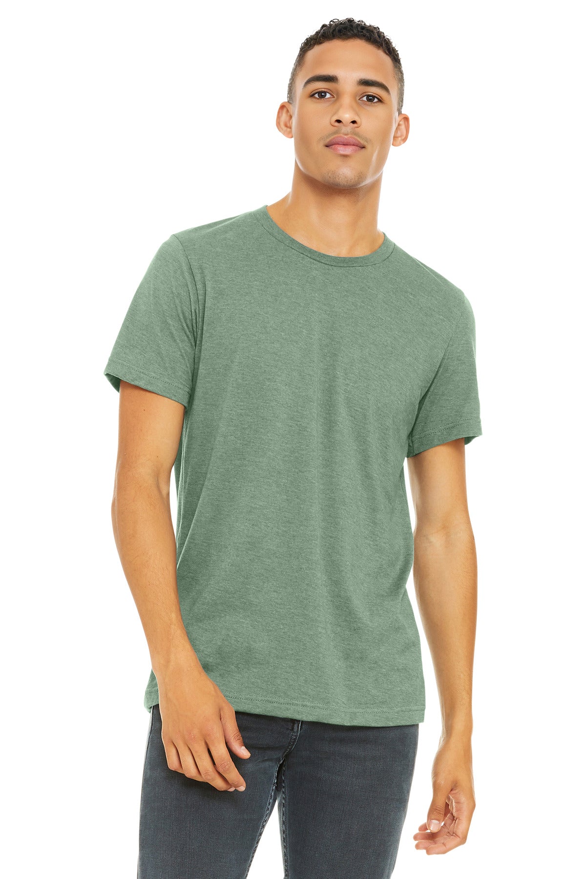 Front View of HthrSage BELLA+CANVAS Unisex Heather CVC Short Sleeve Tee. BC3001CVC
