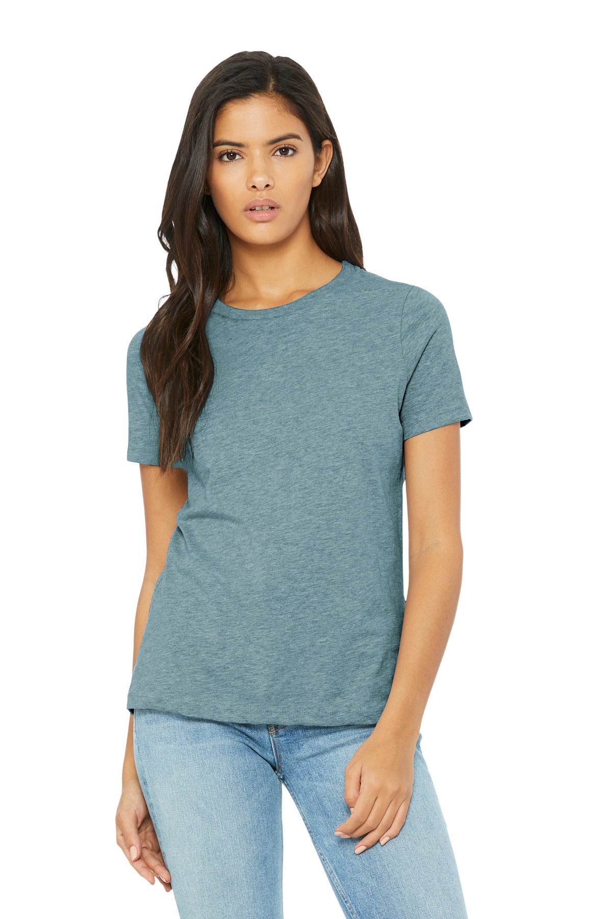 Front View of HtrBluLagn BELLA+CANVAS Women's Relaxed CVC Tee BC6400CVC
