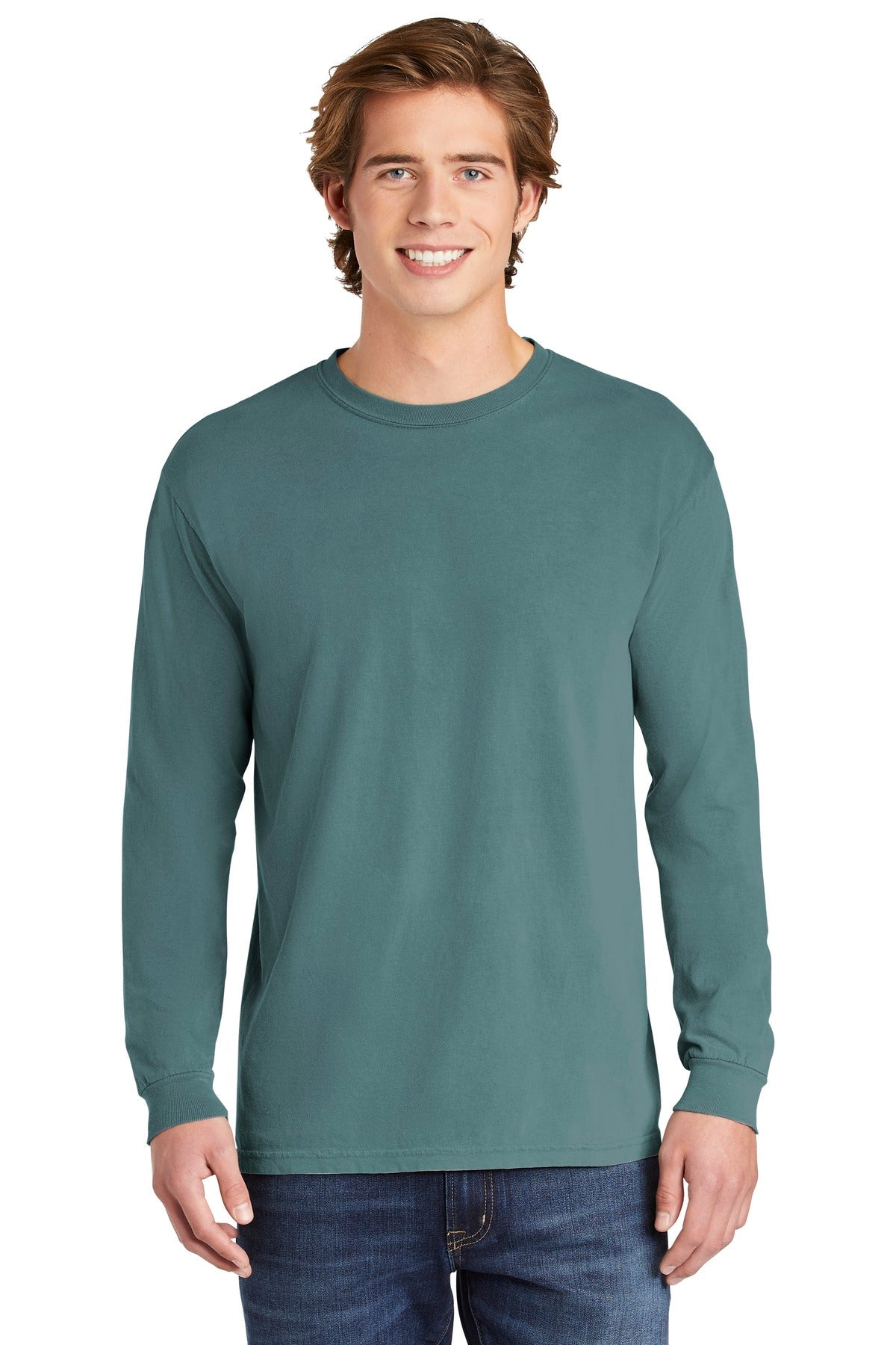 Front View of Ice Blue COMFORT COLORS Heavyweight Ring Spun Long Sleeve Tee. 6014