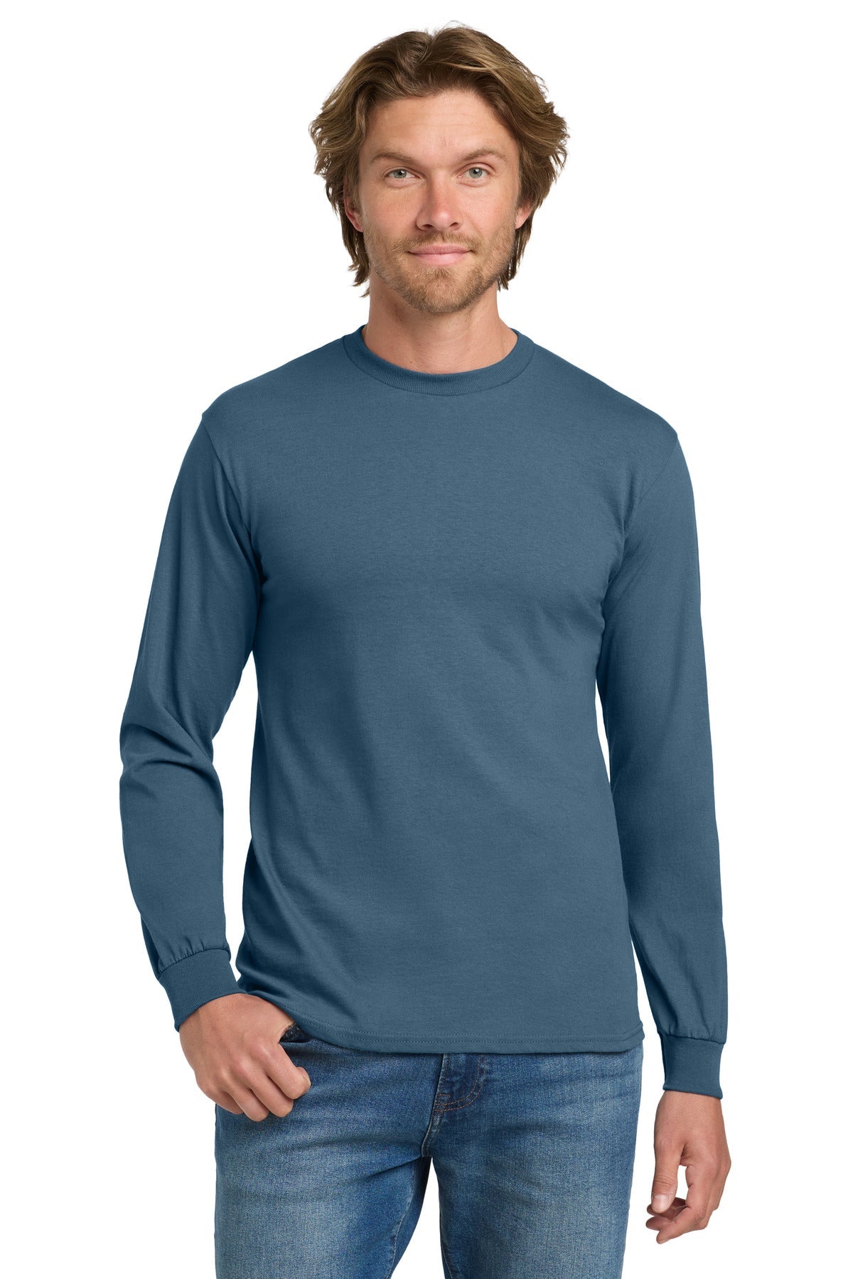 Front View of IndigoBlue Gildan - Heavy Cotton 100% Cotton Long Sleeve T-Shirt. 5400
