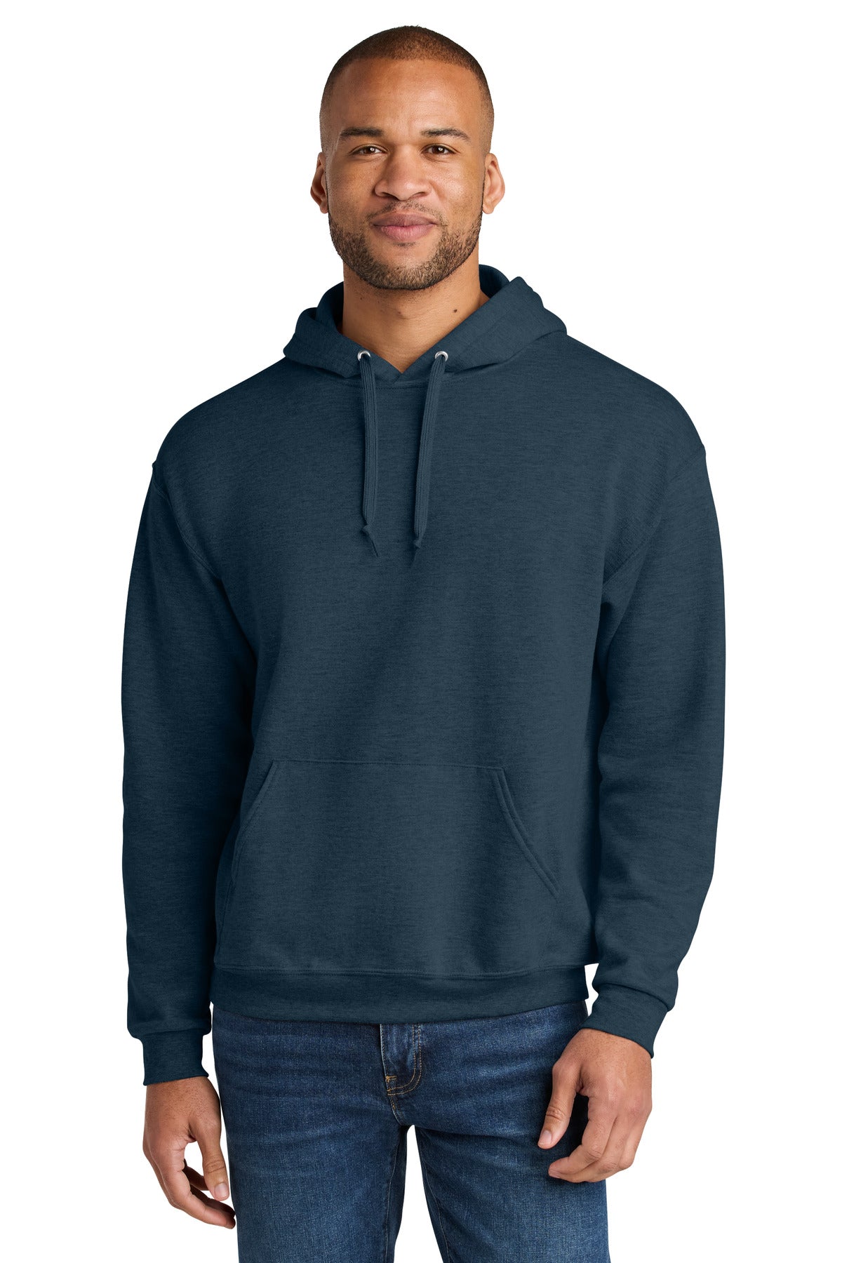Front View of IndigoHtr Jerzees Ultimate Unisex CVC Ring Spun Hooded Sweatshirt IC49M