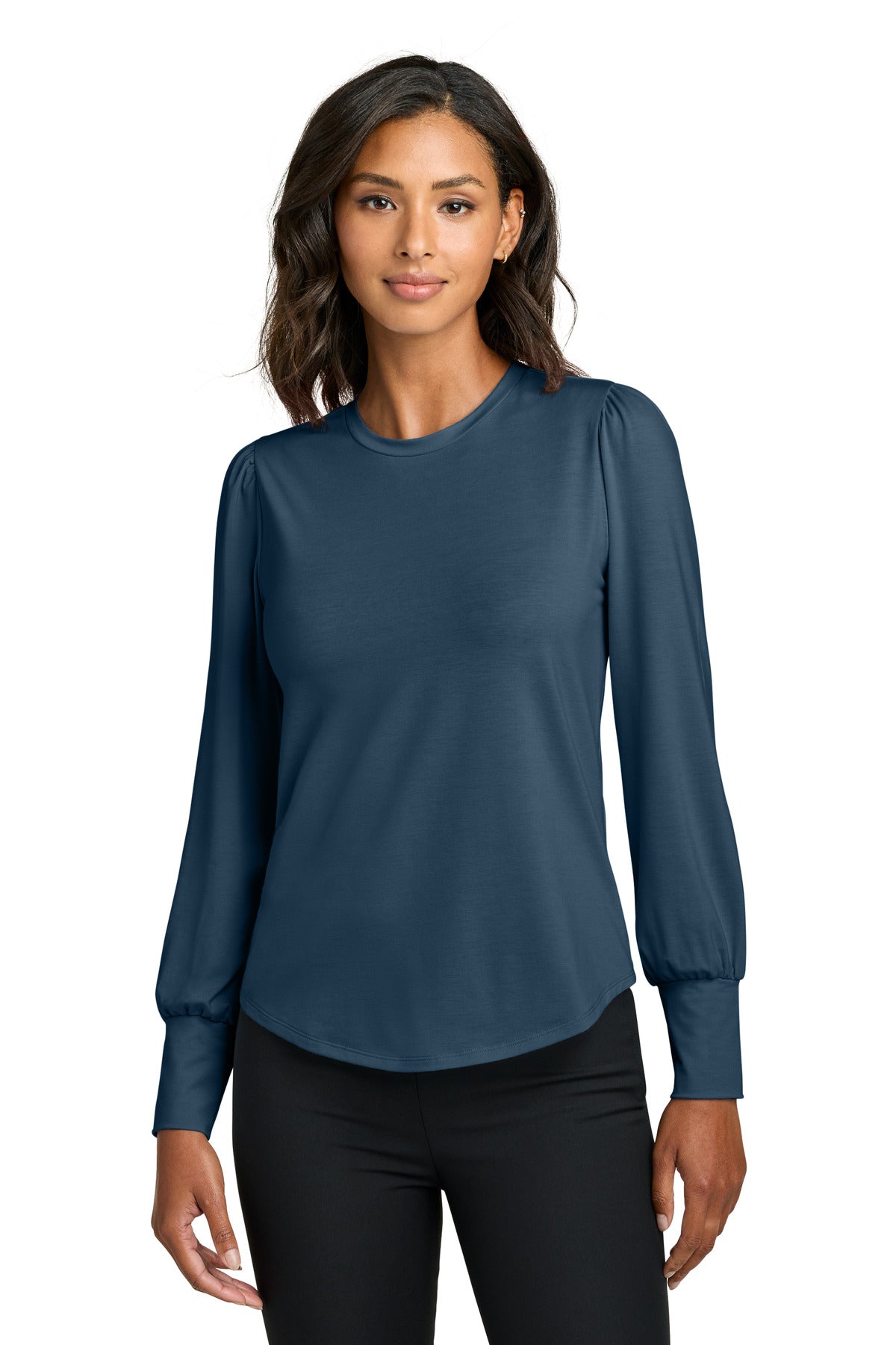Front View of InsBlue Mercer+Mettle Women's Stretch Jersey Long Sleeve Blouson Top MM1019